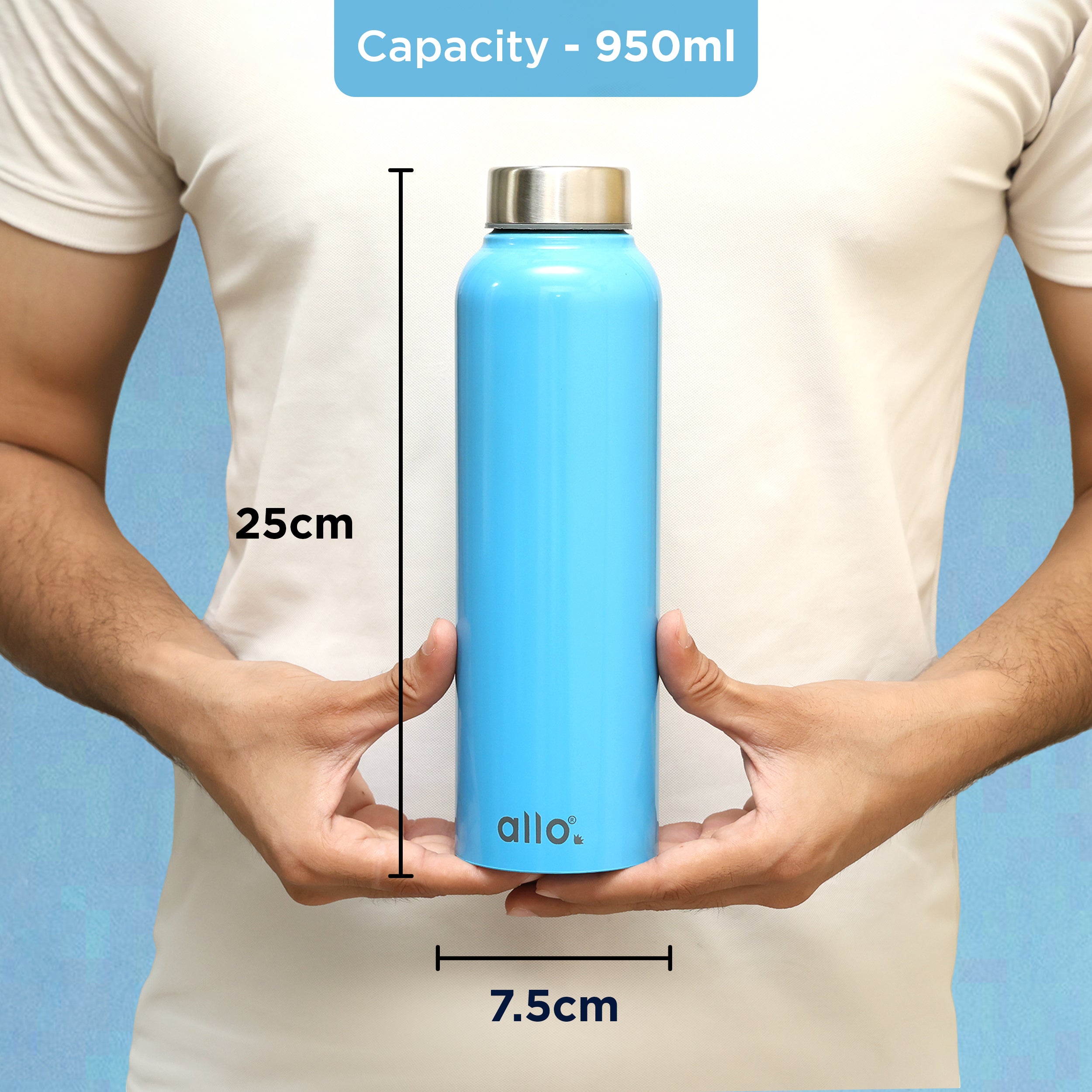 Allo Stainless Steel Water Bottle For Adults, Kids 0.95 Litre Water Bottles For School, Office, Sports, Gym 950ML Water Bottle For Men And Women, Pack Of 5 | Leak Proof & Bpa Free, True Blue Steel Cap
