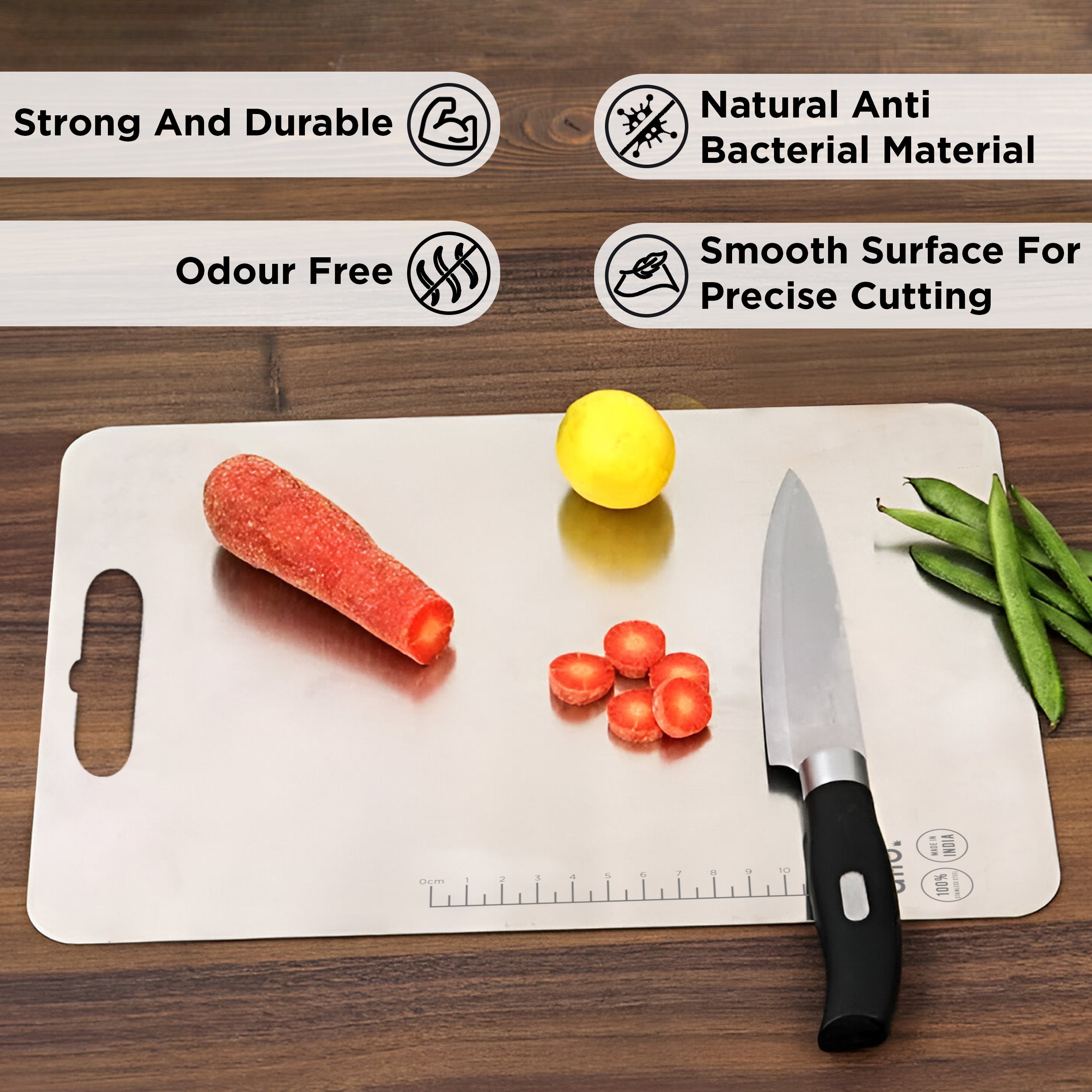 Allo Premium Stainless Steel Chopping Board for Kitchen with Handle (36 x 25 cm) – Large Heavy-Duty Metal Cutting Board for Kitchen, Knife Friendly | Vegetable & Fruit Cutter Pad