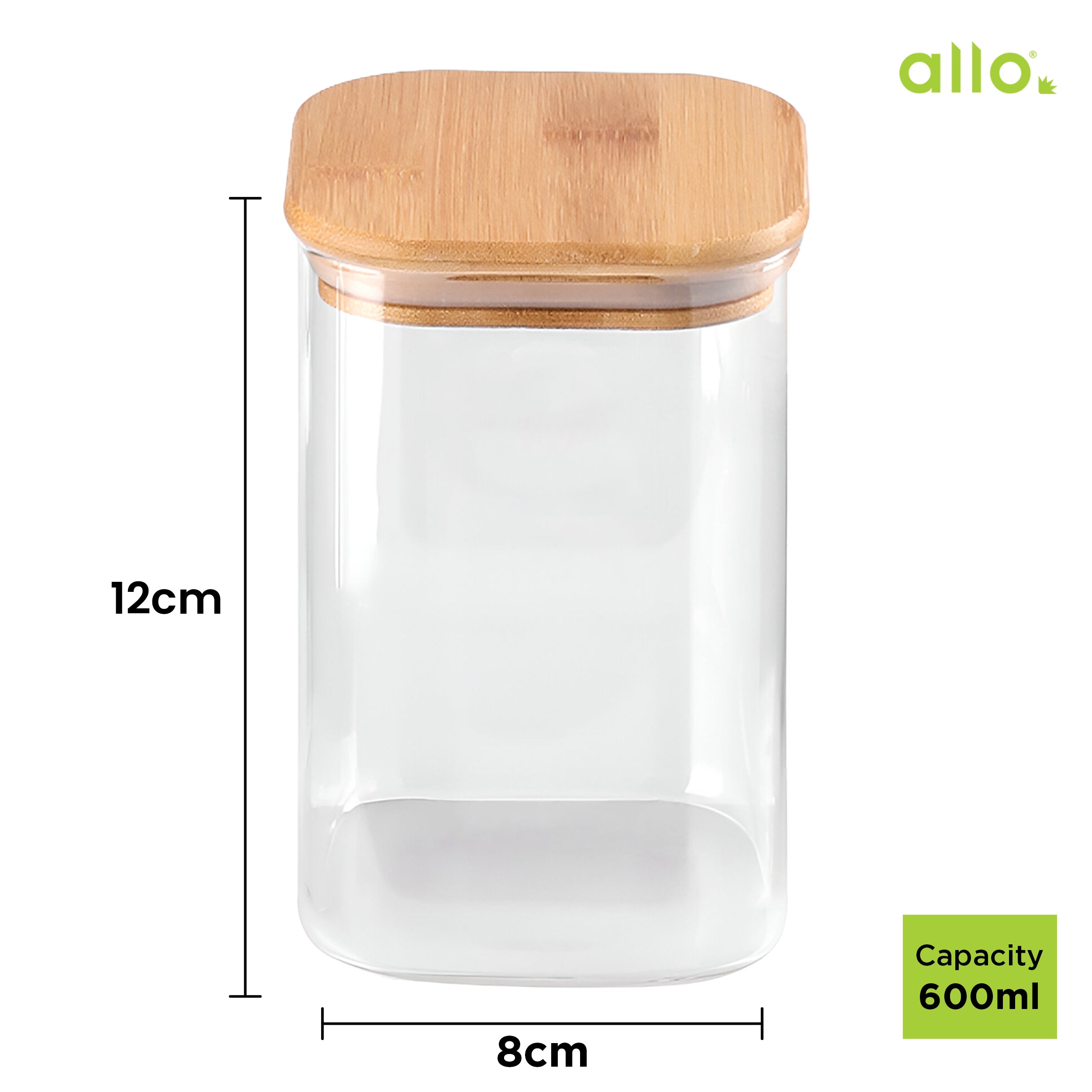 Allo 600ML Kitchen Storage Box Glass Jars With Wooden Lids - Borosilicate Glass Food Storage Containers Airtight Glass Jar For Tea, Coffee, Spice, Pulses, Masala (Square Glass Jar - Set of 2)
