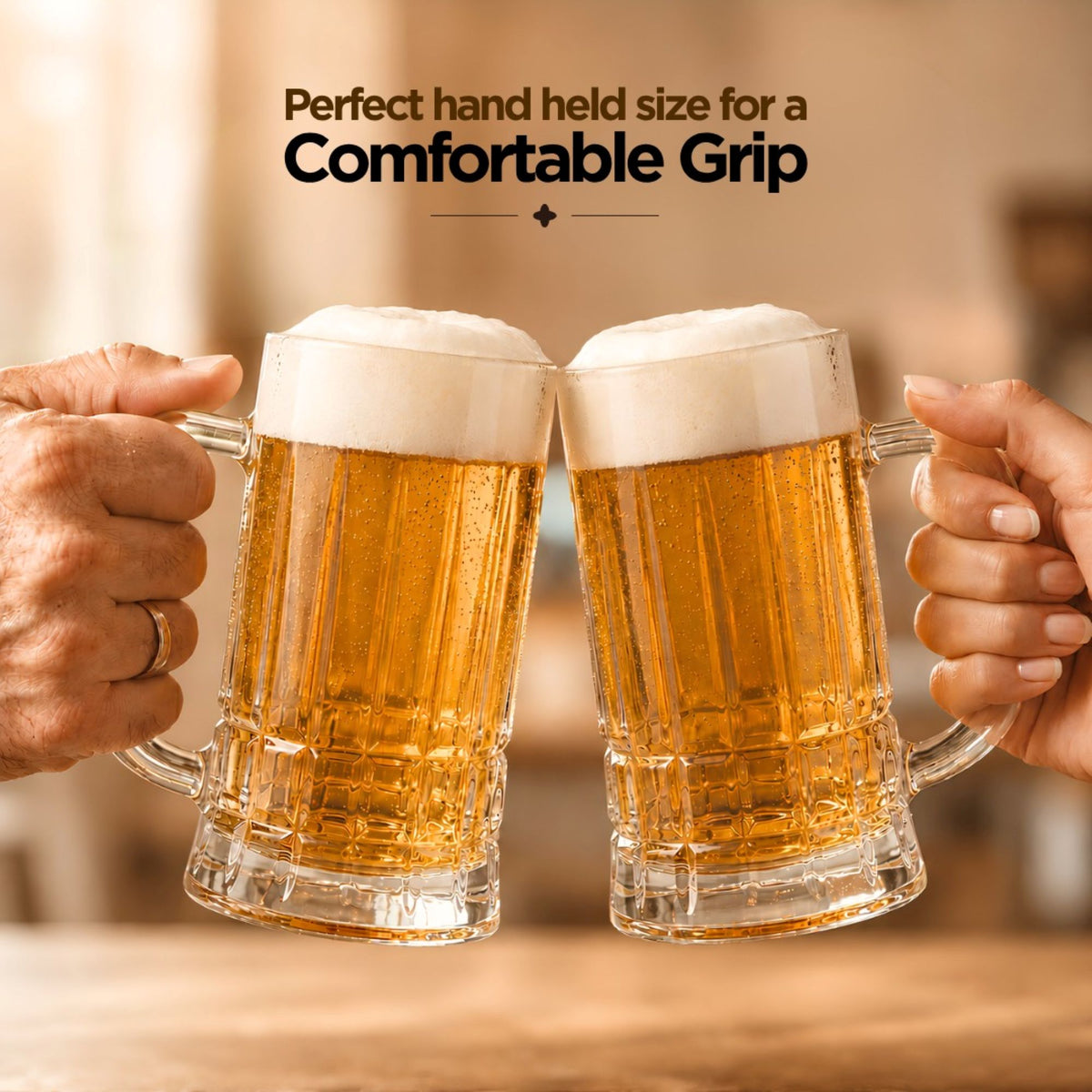 Allo Beer Mug And Drinking Glass Mugs, Set Of 2, 400 ml Each, Serves Beer, Juice, Mocktail, Alcohol, Cocktail, Drinking Glass With Handle, Fluted Glass | Gift Set Packaging | Transparent Checkered Base