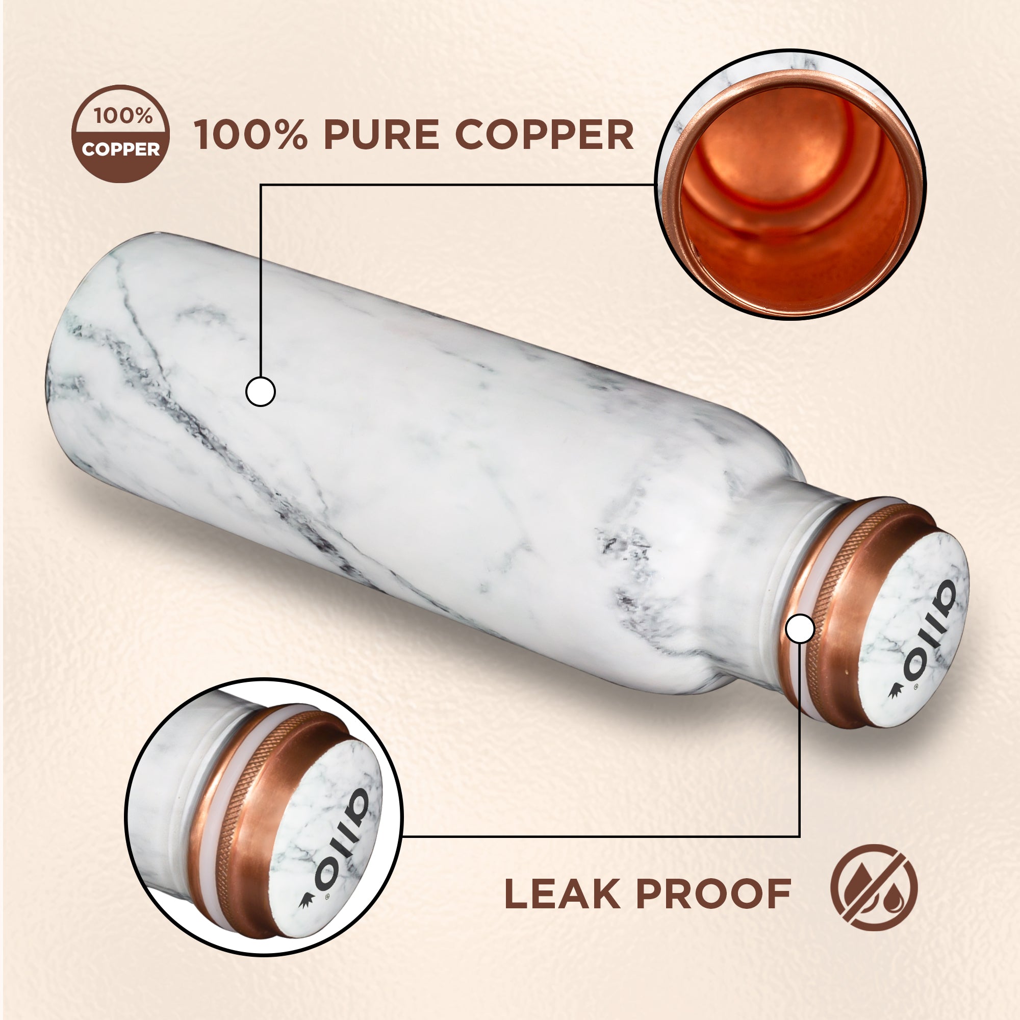 Allo Pure Copper Water Bottle 1 Litre Copper Bottle | Alkaline and Anti Oxidant | 100% Leak Proof, Office, Gym Bottle, Modern Tamba Bottle for Adults, Best Gift for Diwali (White Natural Marble)