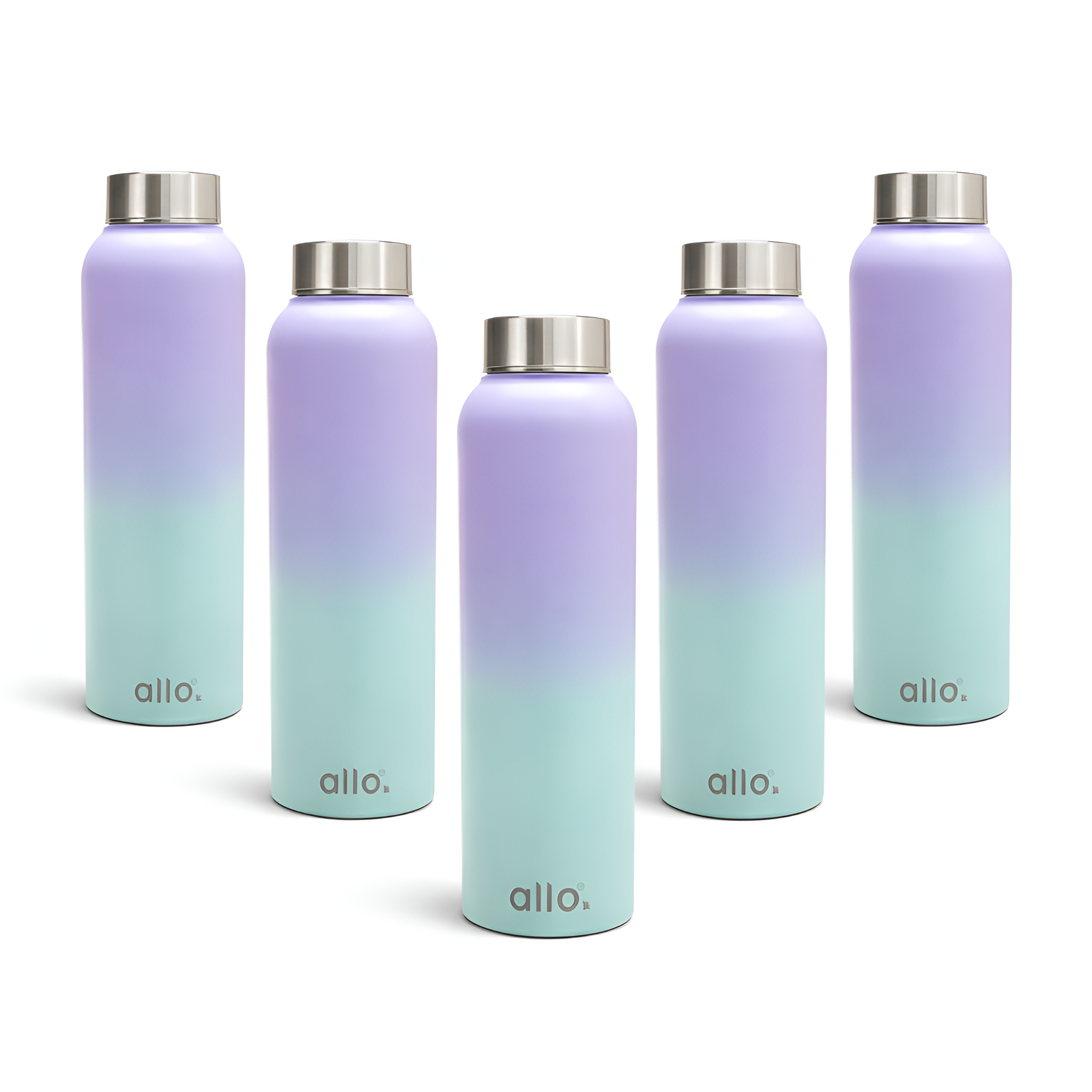 Allo Stainless Steel Water Bottle For Adults, Kids 1 Litre Water Bottles For School,Office,Sports,Gym 1L Water Bottle For Men & Women, Pack Of 5 | Leak Proof, Bpa Free, Lavender & Baby Blue Steel Cap