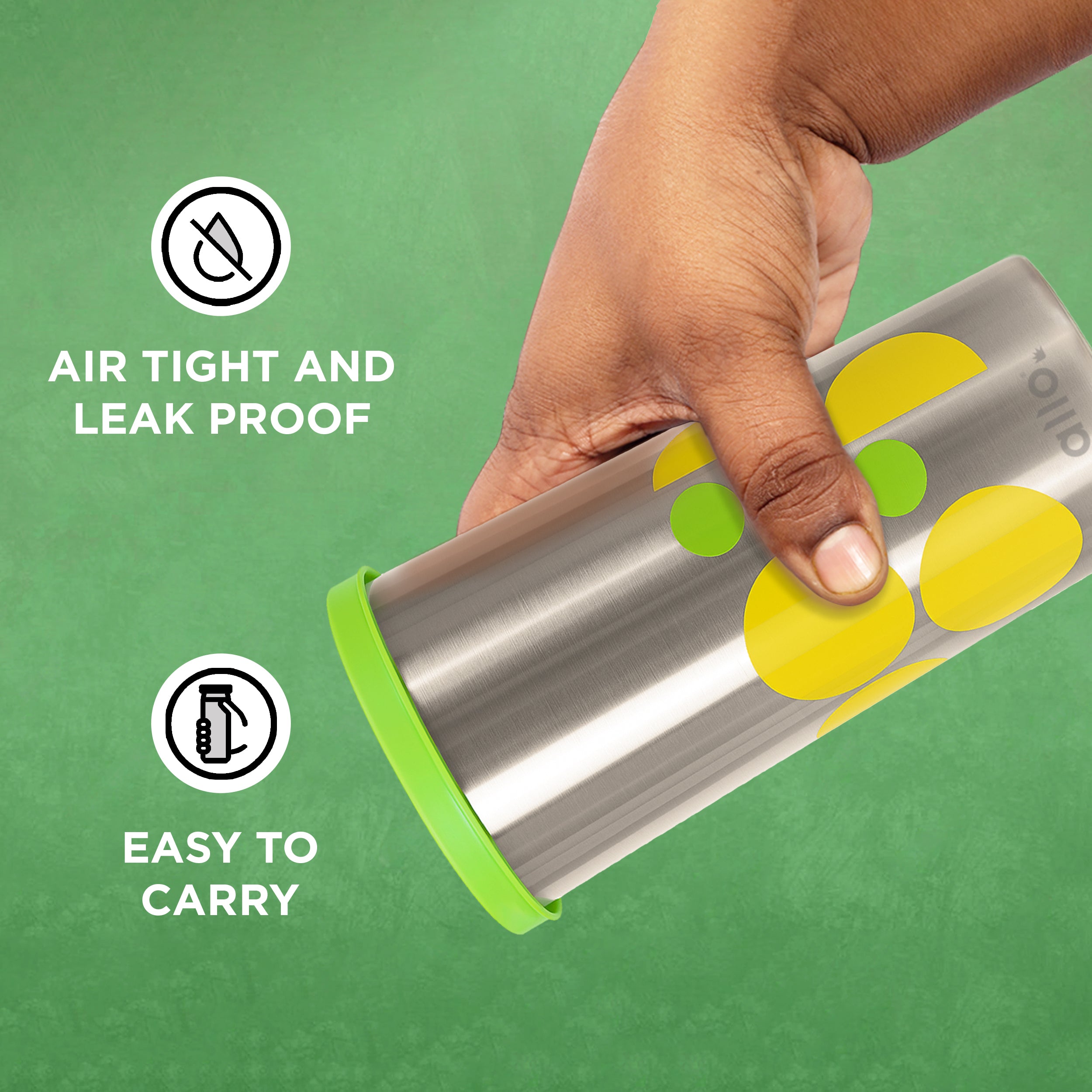 Allo Stainless Steel Tumbler with Lid, Leak Proof Water Tumbler for Home, Office, School, Travel, Kids Rust Proof, Multipurpose Storage Glass for Juice, Tea, Coffee, Milk, GREEN (550Ml)