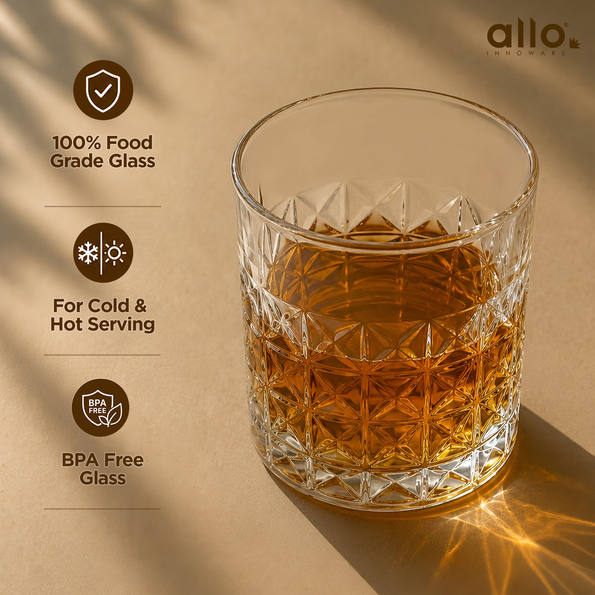 Allo Glass Set Of 6 Premium Whisky Glasses, 210 ml, For Drinking Water, Wine, Cocktail, Mocktail, Martini, Liquor, Alcohol, Scotch, Bourbon | Gift Set Packaging | Transparent Diamond Cut Whiskey Glass