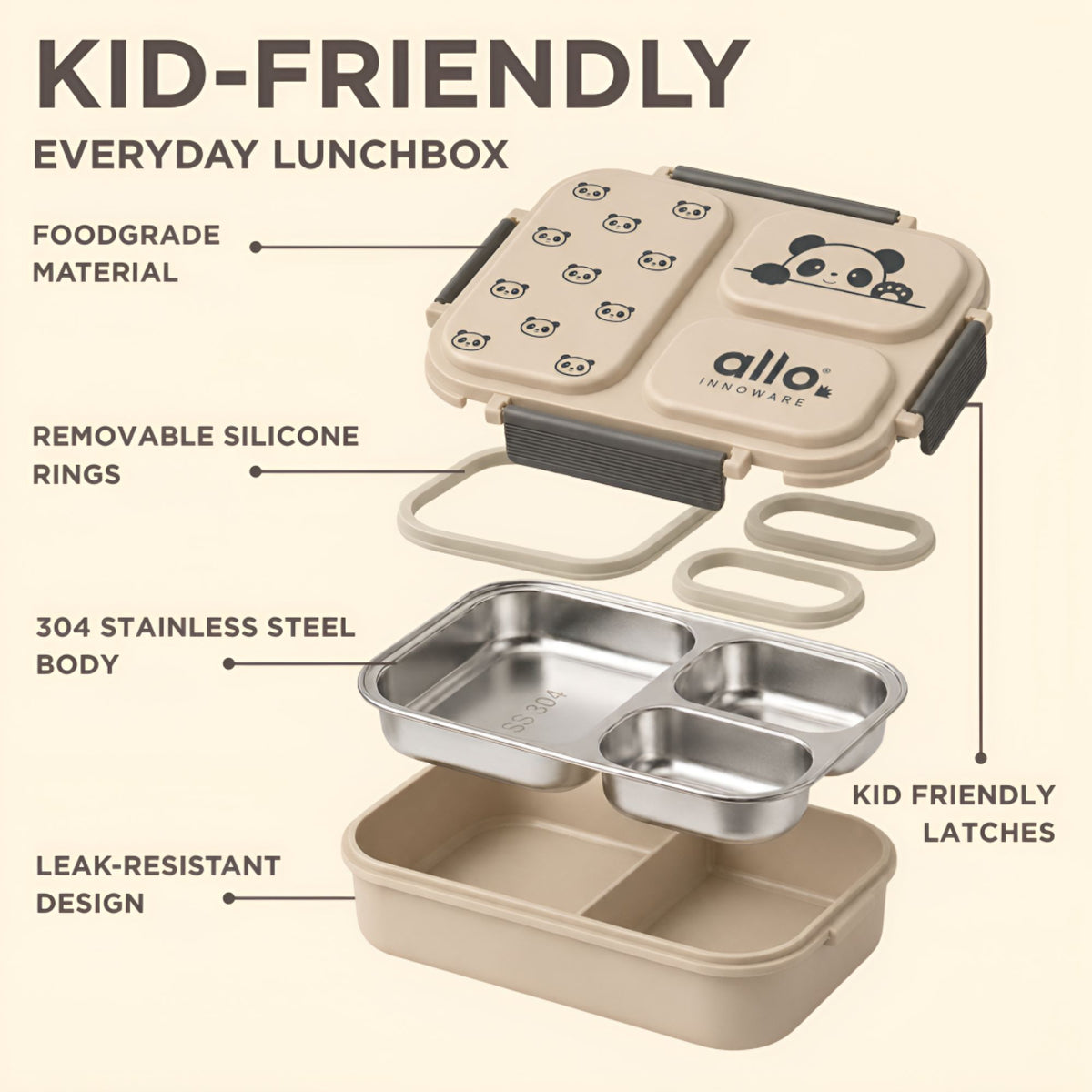Allo Bento Stainless Steel Lunch Box for Kids- BIS Approved, 304 Stainless Steel 3 Compartment Leakproof Tiffin Box for Boys and Girls for School, Travelling, Baby Snacks, 740ml Beige Panda