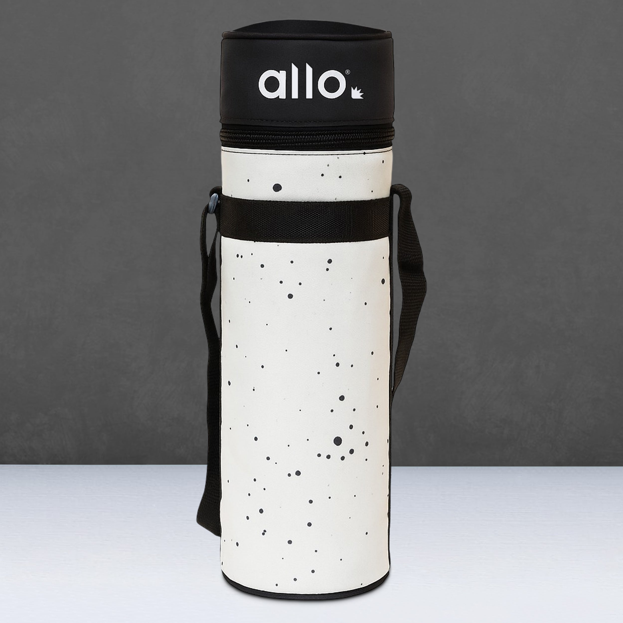 Allo Polyester Thermal Insulated 1L Bottle Cover – Water-Proof Modern Carrier Sleeve with Adjustable Shoulder Handle & Zipper Closure for Travel, Hiking, Office & School, Splash White