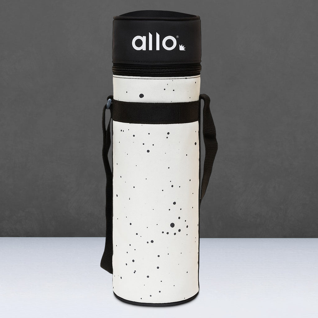 Allo Polyester Thermal Insulated 1L Bottle Cover – Water-Proof Modern Carrier Sleeve with Adjustable Shoulder Handle & Zipper Closure for Travel, Hiking, Office & School, Splash White