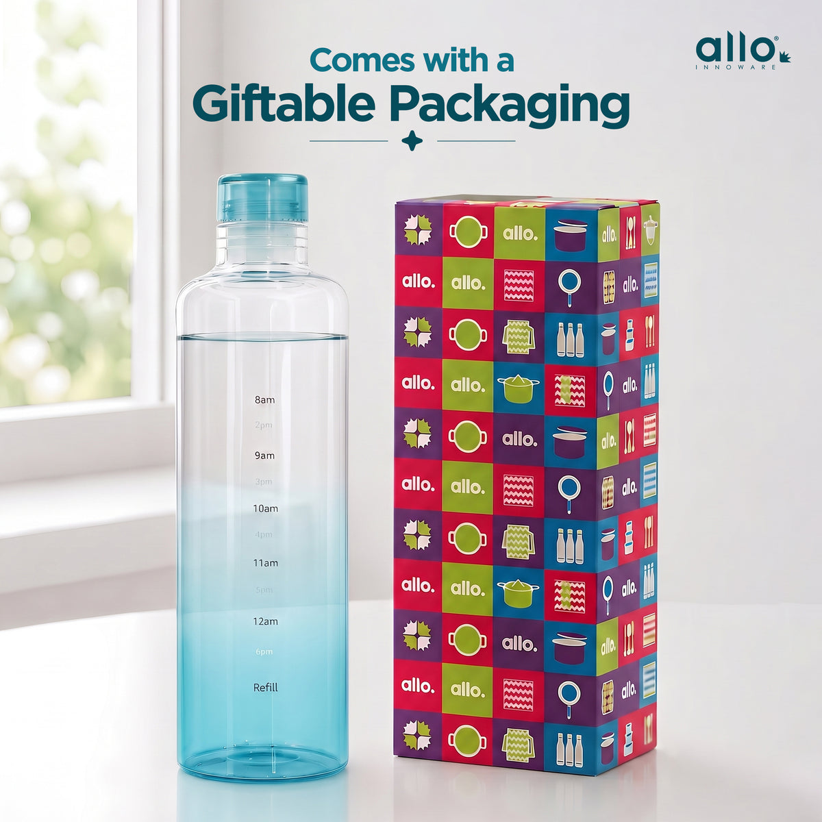 Allo Glass Water Bottle For Women & Men, 600 ml, Aesthetic H2O Bottles For Drinking Detox Water, Juice, Milk, Soda | 0.4 Ltr Bottle For Fridge, Storage, Home | Gift Set Packaging | Time Marked Blue