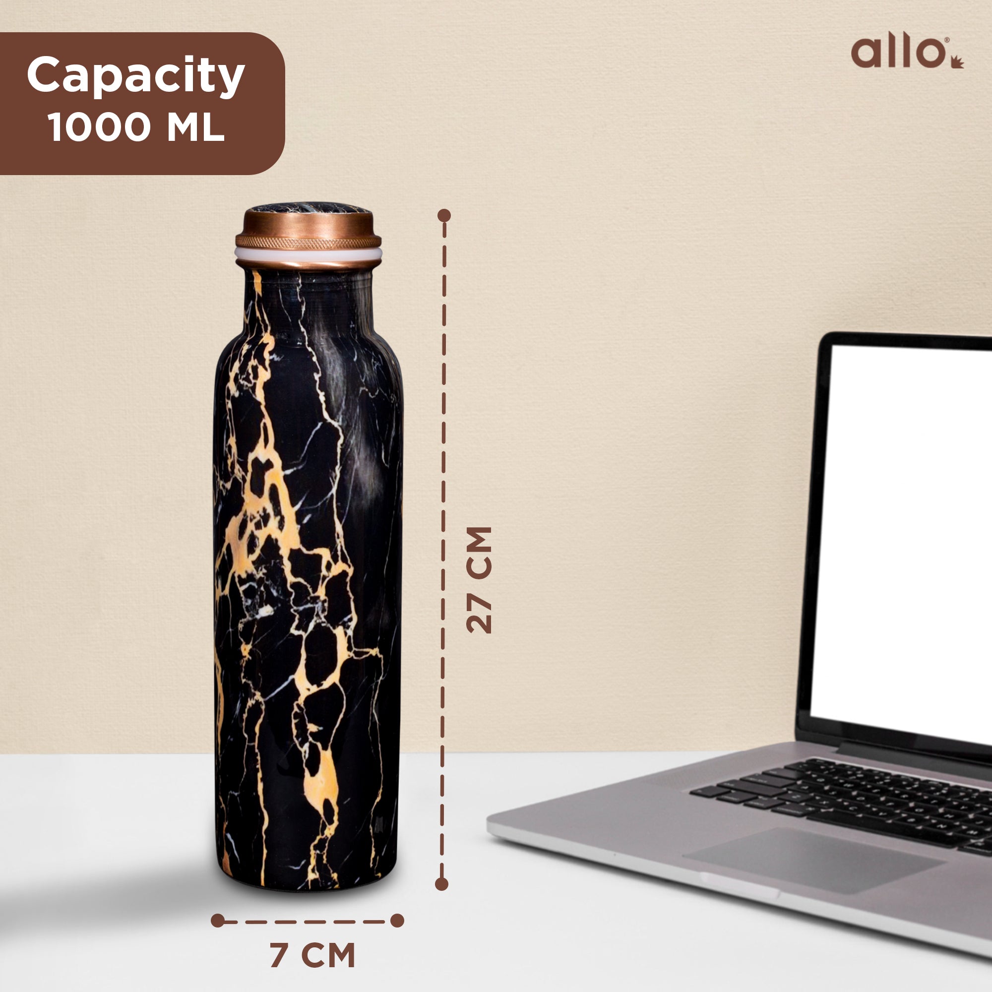 Allo Pure Copper Water Bottle 1 Litre Copper Bottle | Alkaline and Anti Oxidant | 100% Leak Proof, Office, Gym Bottle, Modern Tamba Bottle for Adults, Best Gift for Diwali (Black Natural Marble)