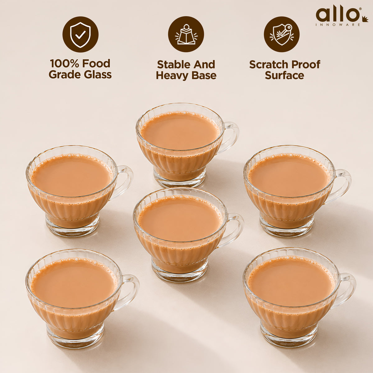 Allo Glass Tea Cups & Mugs, Set Of 6, 225 Ml, Cupset With Handle For Chai, Coffee, Green Tea, Latte | Elegant Home & Kitchen Glassware | Gift Set Packaging | Transparent Ribbed Tea Cup