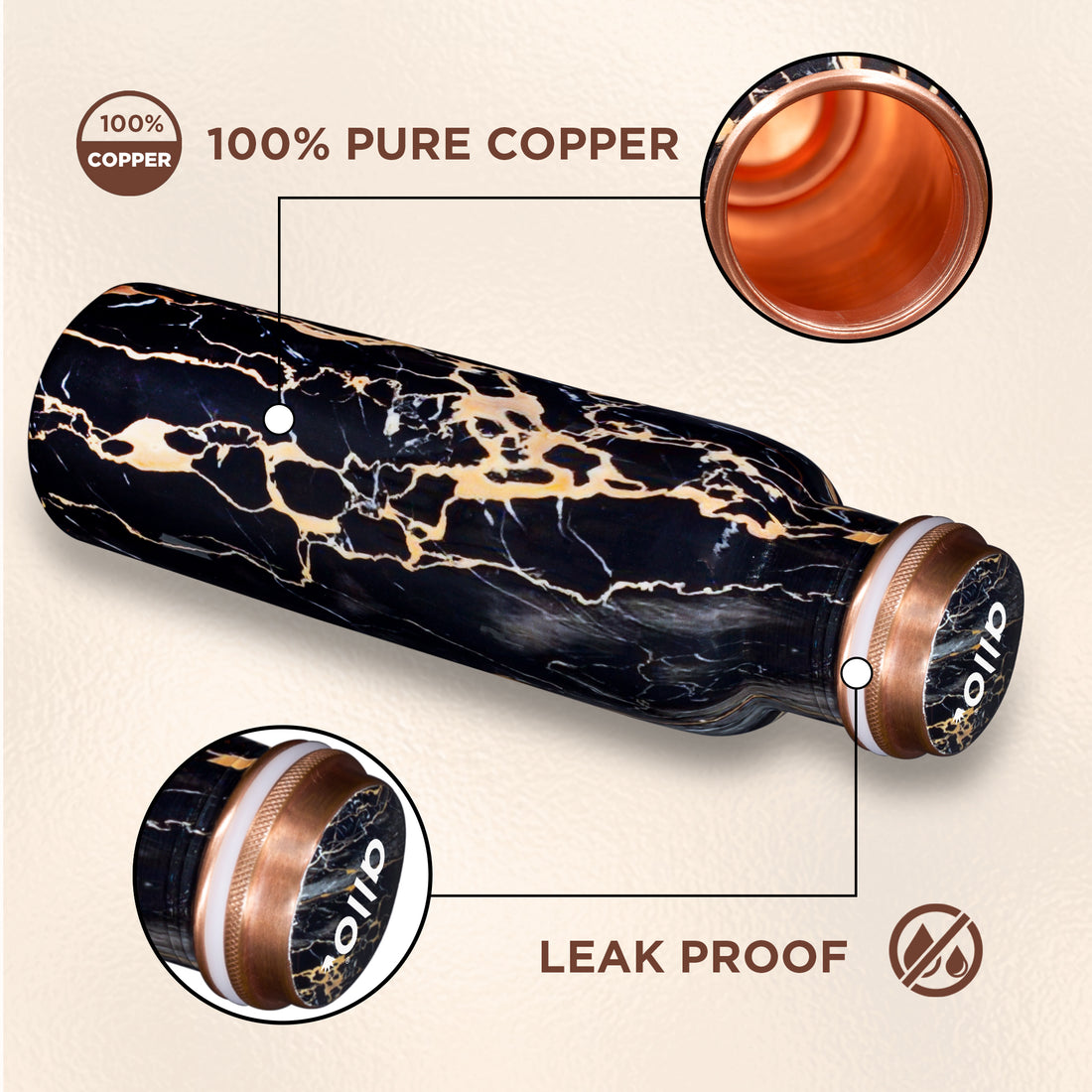 Allo Pure Copper Water Bottle 1 Litre Copper Bottle | Alkaline and Anti Oxidant | 100% Leak Proof, Office, Gym Bottle, Modern Tamba Bottle for Adults, Best Gift for Diwali (Black Natural Marble)