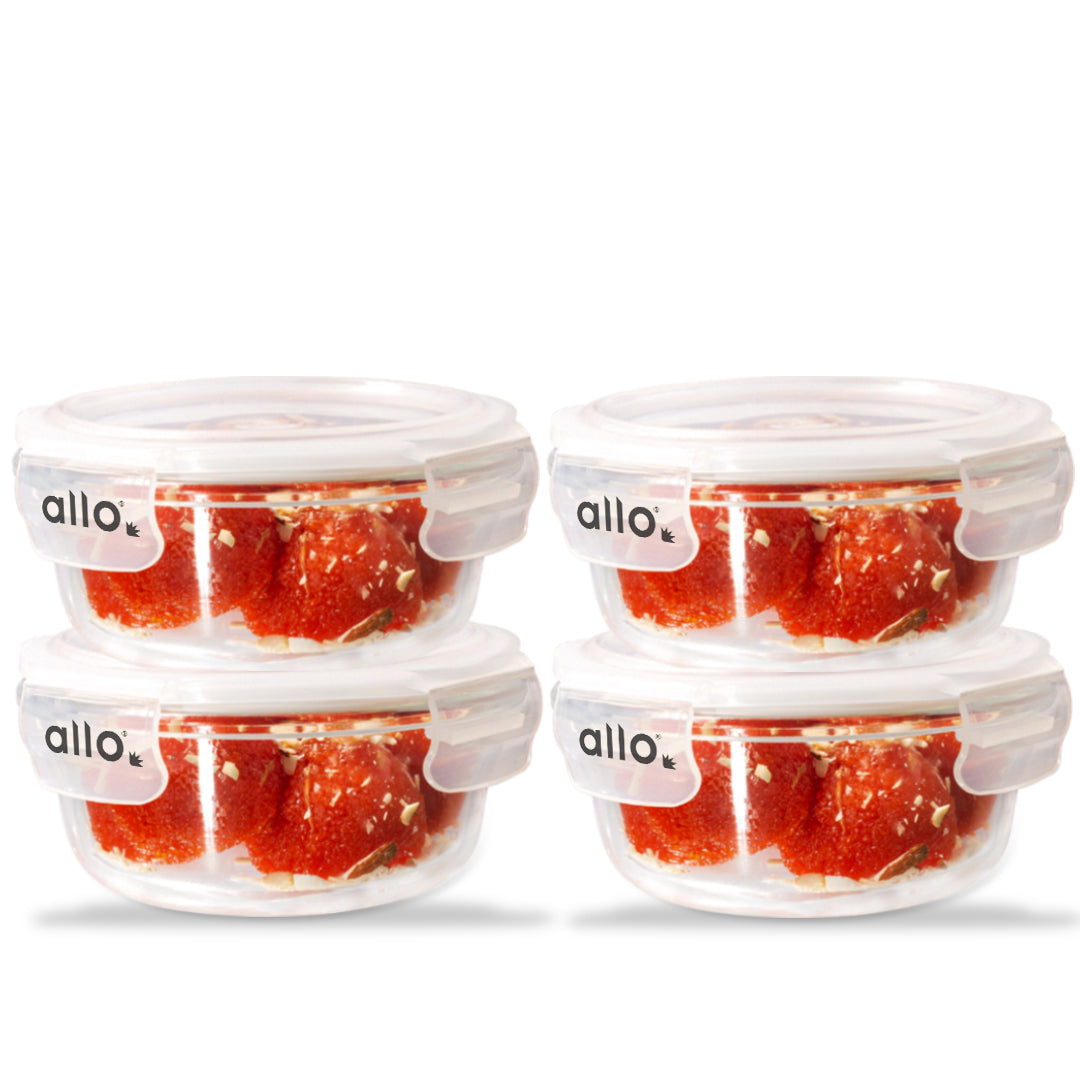 Allo Food Safe Glass Containers with Lids, 450°C Oven Microwave Safe Containers, High Borosilicate Meal Prep Glass Food Storage Containers for Kitchen, 400ml x 4, Round