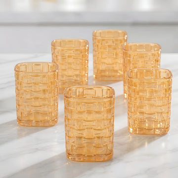Allo Premium Glass Set Of 6, 200 ml, Latest Design Glasses For Water, Juice, Whisky, Cold Drink | Perfect For Home, Restaurants & Parties, Gift Set Packaging | Golden Basket Weave Glass