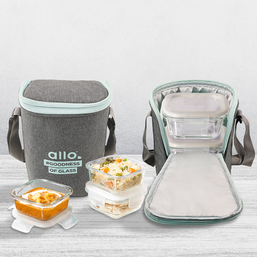 Allo Food Safe Glass Lunch Box, 450°C Microwave Safe Lunch Box, Borosilicate Glass Tiffin for office with Denim grey Tiffin Bag, Set of 3, 320ml x 3, square