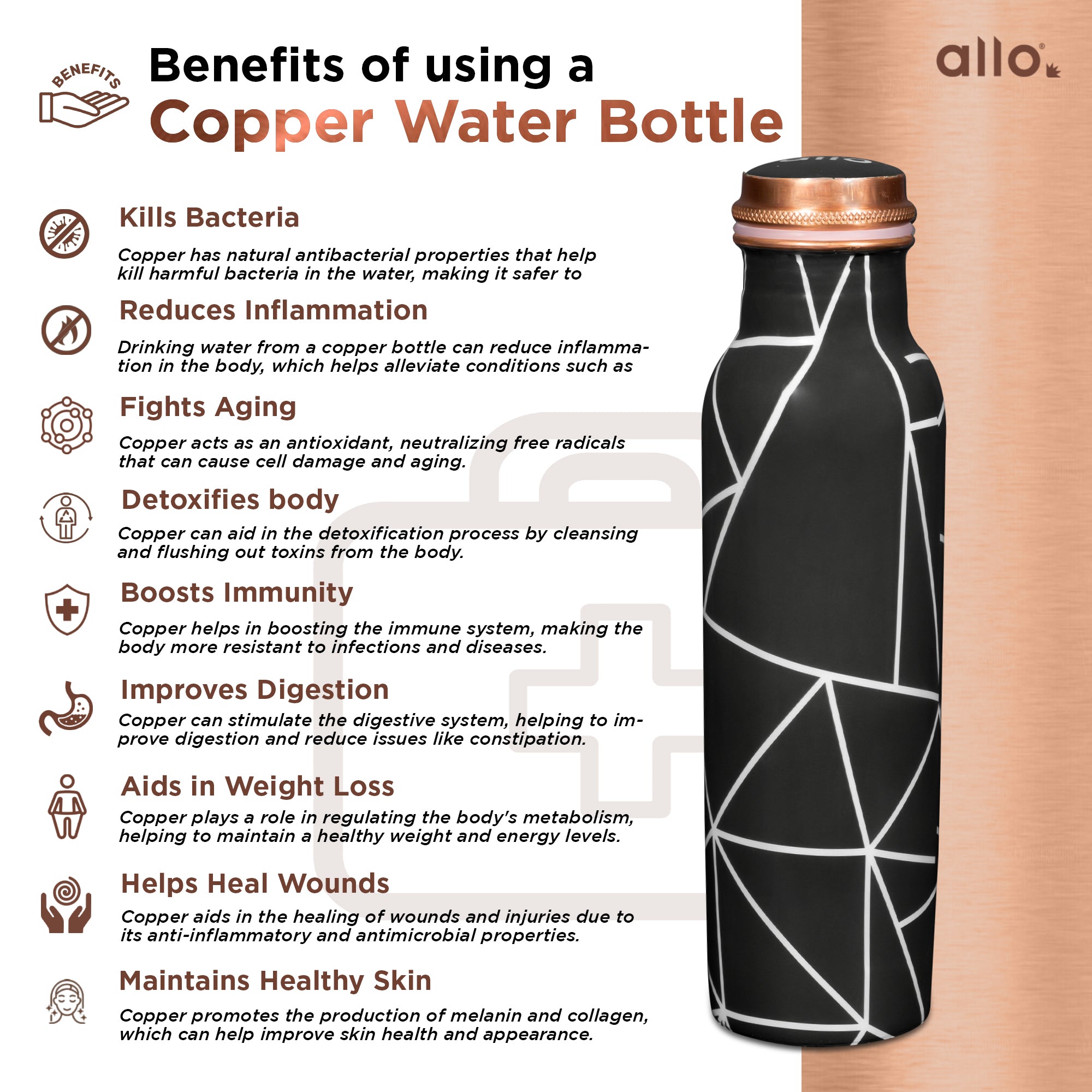 Allo Pure Copper Water Bottle 1 Litre Copper Bottle | Alkaline and Anti Oxidant | 100% Leak Proof, Office, Gym Bottle, Modern Tamba Bottle for Adults, Best Gift for Diwali (Black Abstract Line)