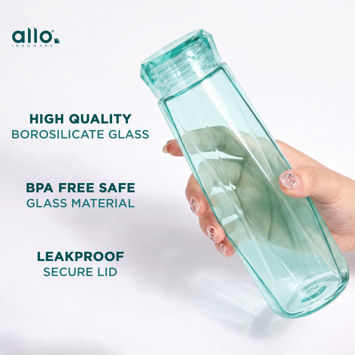 Allo Glass Water Bottle For Women & Men, 450 ml, Aesthetic H2O Bottles For Drinking Detox Water, Juice, Milk, Soda | 0.4 Ltr Bottle For Fridge, Storage, Home | Gift Set Packaging | Geometric Green