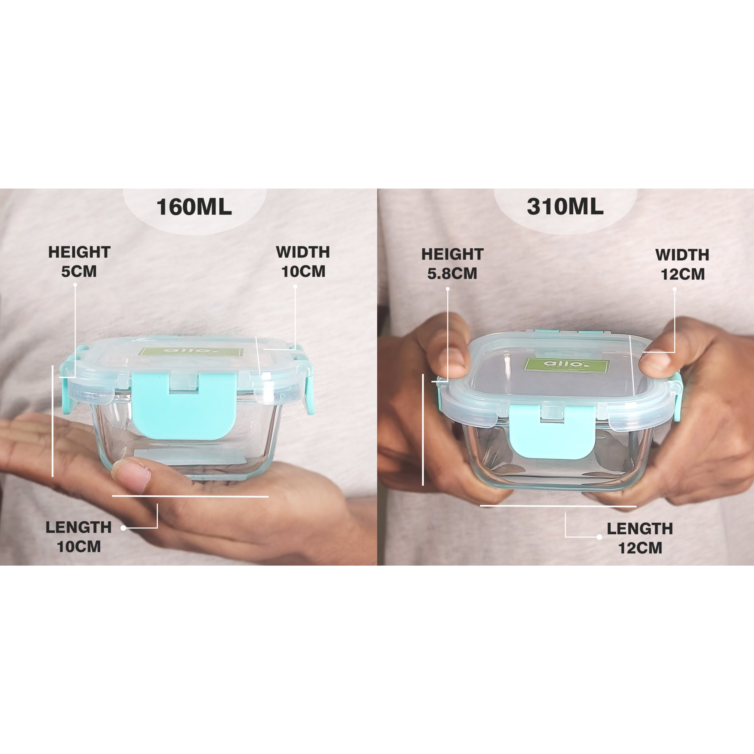 Allo Food Safe Glass Lunch Box with Breakfree Detachable Lock, Microwave Safe Lunch Box Borosilicate Glass Tiffin for Office with Cocoa Brown Tiffin Bag, Set of 3, 160ml x 1, 310ml x 2