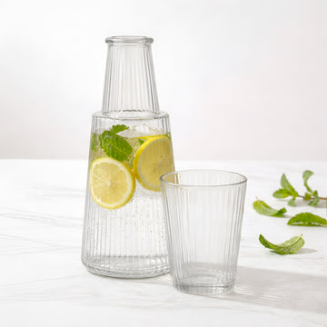 Allo Drinksafe Glass Water Jug With Lid 850ml, Multipurpose Detox Pitcher Jar For Hot & Cold Beverages, Milk, Juice, Iced Tea, Ideal For Gifting, Serving, Dining Table(0.85 Litre Transparent Stripped)