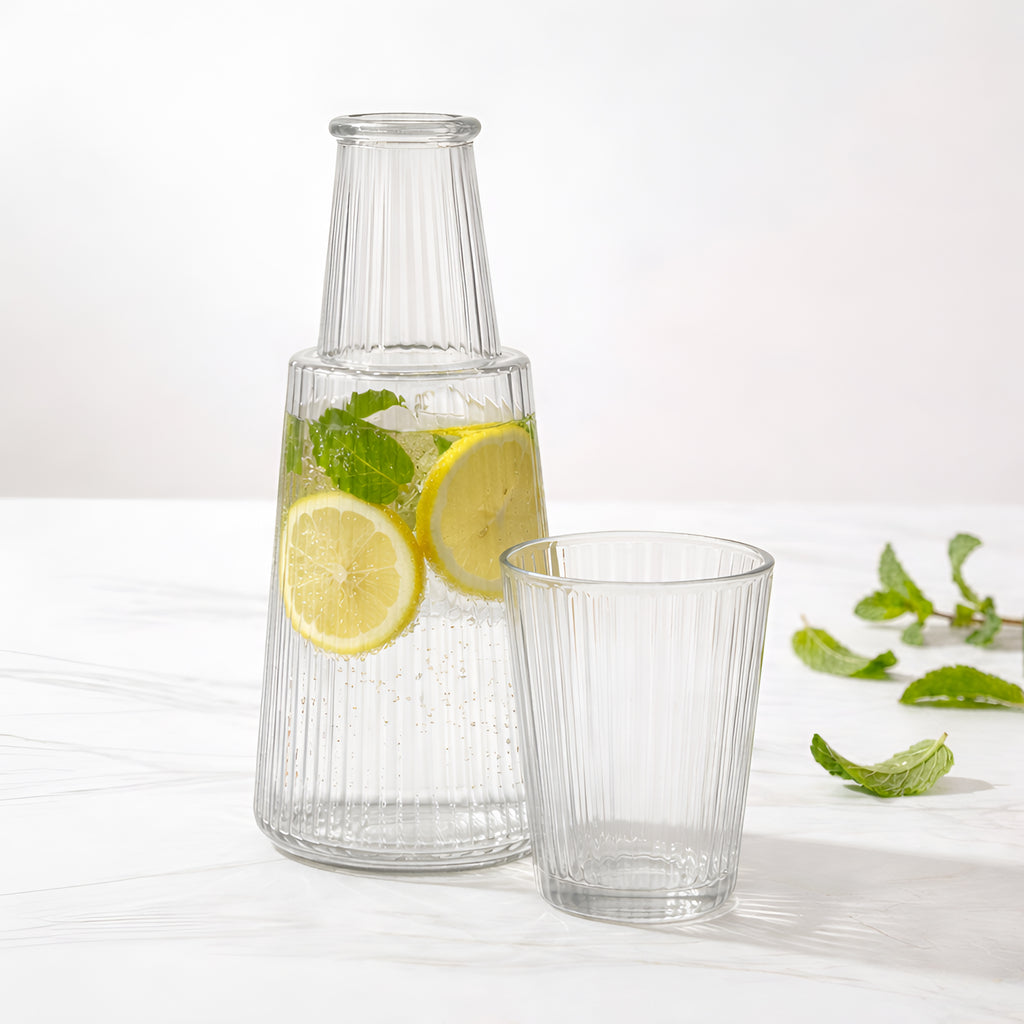 Allo Drinksafe Glass Water Jug With Lid 850ml, Multipurpose Detox Pitcher Jar For Hot & Cold Beverages, Milk, Juice, Iced Tea, Ideal For Gifting, Serving, Dining Table(0.85 Litre Transparent Stripped)