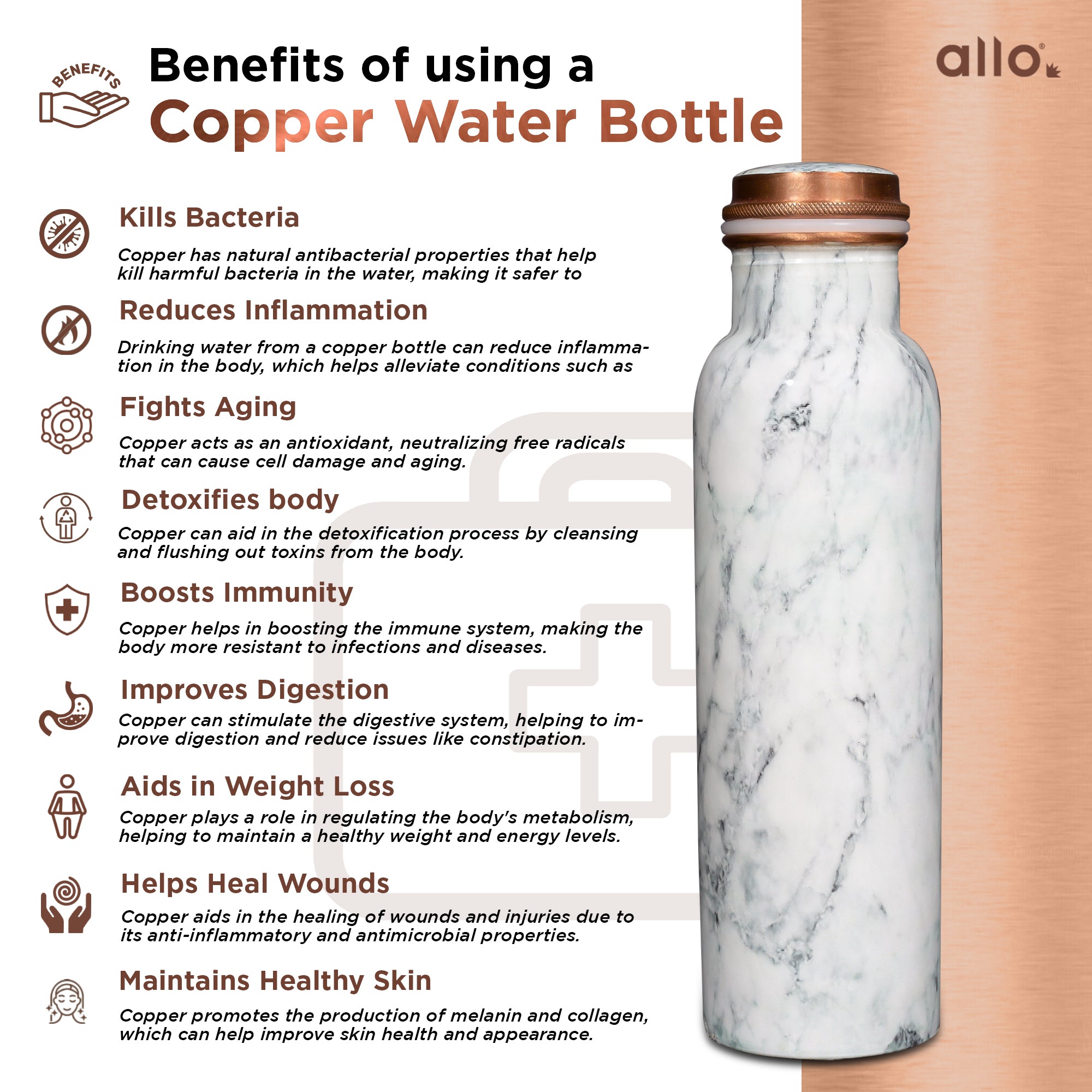 Allo Pure Copper Water Bottle 1 Litre Copper Bottle | Alkaline and Anti Oxidant | 100% Leak Proof, Office, Gym Bottle, Modern Tamba Bottle for Adults, Best Gift for Diwali (White Natural Marble)