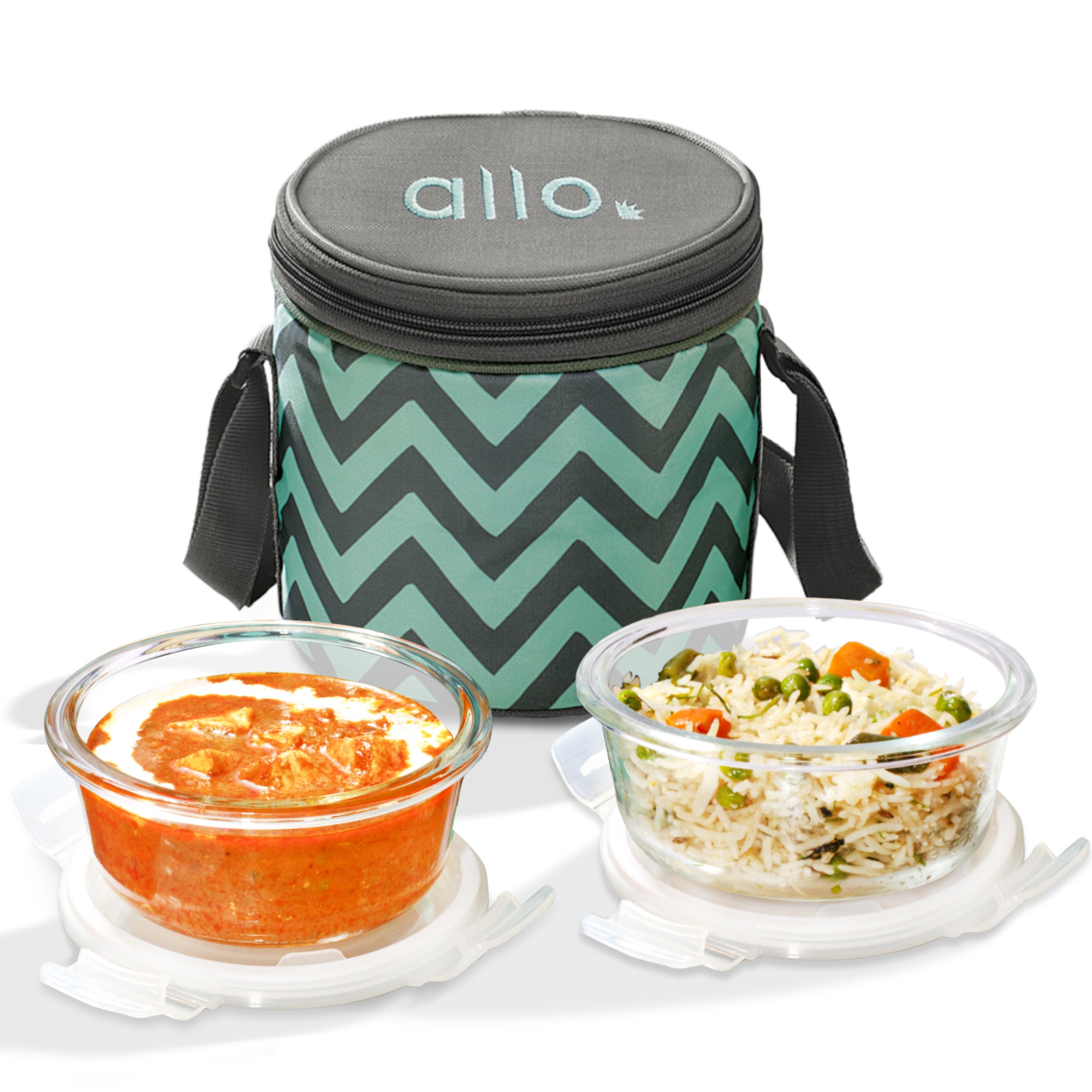 Allo Food Safe Glass Lunch Box, 450°C Microwave Safe Lunch Box, Borosilicate Glass Tiffin for office with Chevron Mint Tiffin Bag, Set of 2, 400ml x 2, round