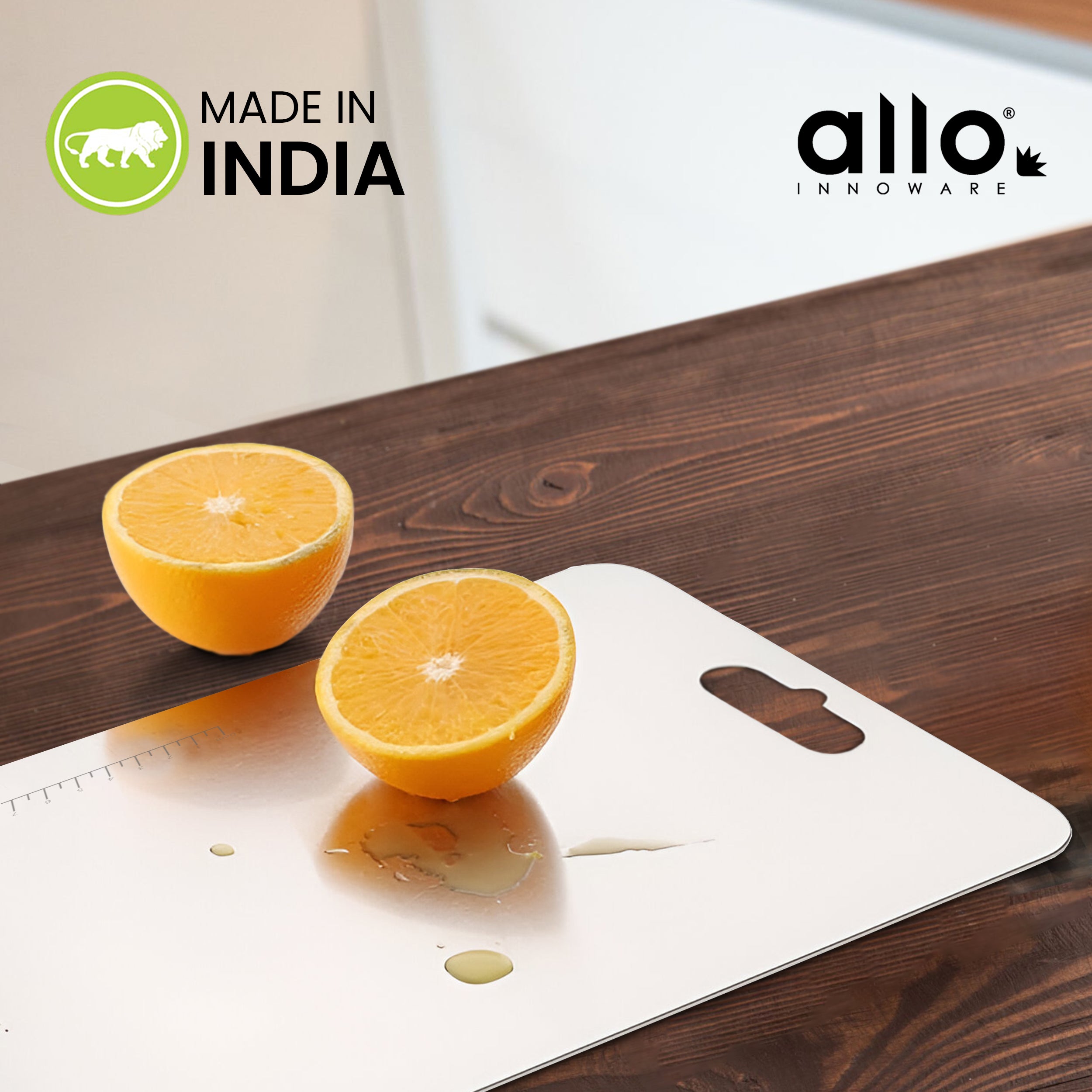 Allo Premium Stainless Steel Chopping Board with Handle (31 x 20.5cm) – Large Heavy-Duty Metal Cutting Board for Kitchen, Knife Friendly | Vegetable & Fruit Cutter Pad