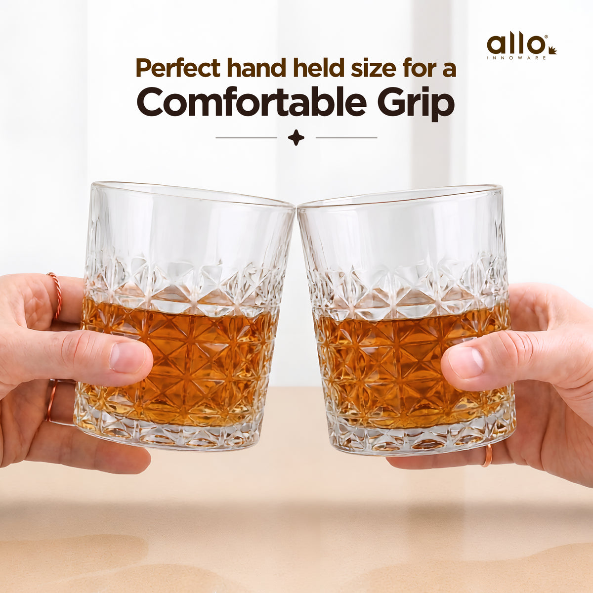 Allo Glass Set Of 6 Premium Whisky Glasses, 210 ml, For Drinking Water, Wine, Cocktail, Mocktail, Martini, Liquor, Alcohol, Scotch, Bourbon | Gift Set Packaging | Transparent Diamond Cut Whiskey Glass