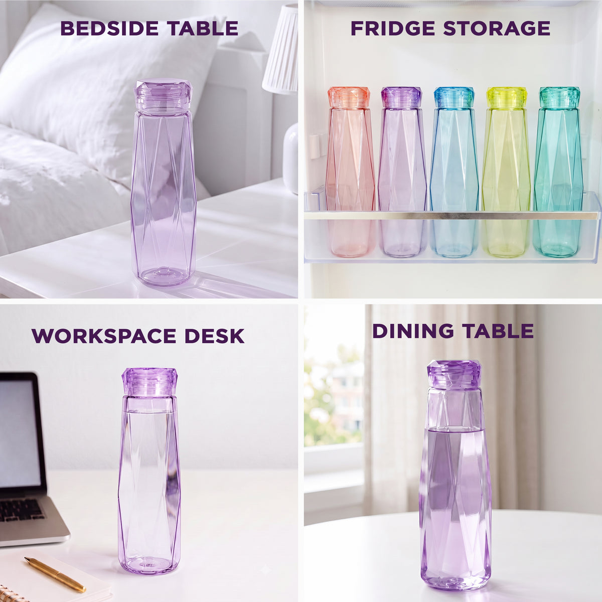 Allo Glass Water Bottle For Women & Men, 450 ml, Aesthetic H2O Bottles For Drinking Detox Water, Juice, Milk, Soda | 0.4 Ltr Bottle For Fridge, Storage, Home | Gift Set Packaging | Geometric Purple