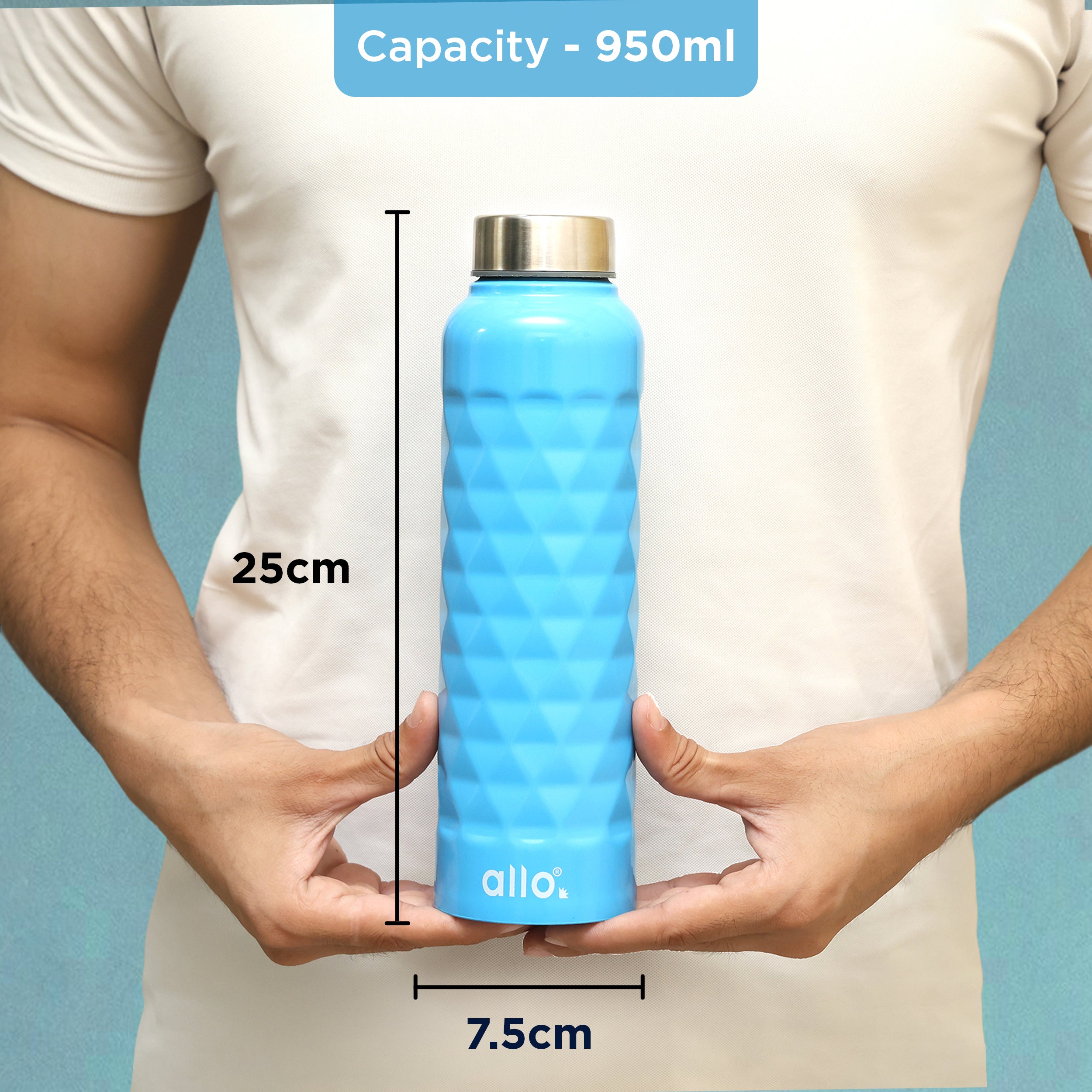 Allo Steel Water Bottles Stainless Steel Sipper Water Bottle for adults, kids 0.95 Litre Water Bottles for School, Office, Sports, Gym 950ML Water Bottle for Men and women,True Blue 950ml