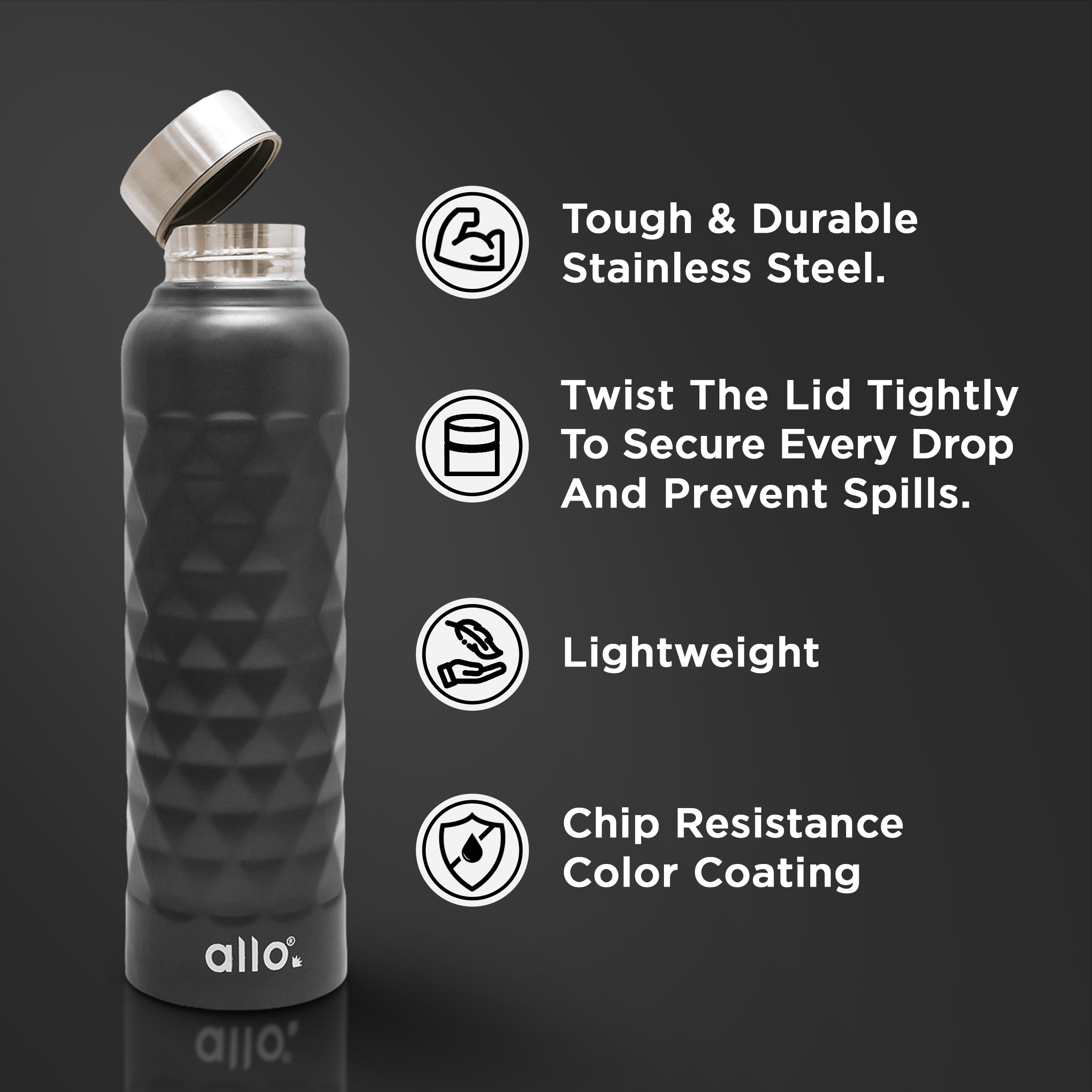 Allo Steel Water Bottles Stainless Steel Sipper Water Bottle for adults, kids 0.95 Litre Water Bottles for School, Office, Sports, Gym 950ML Water Bottle for Men and women, Black 950ml