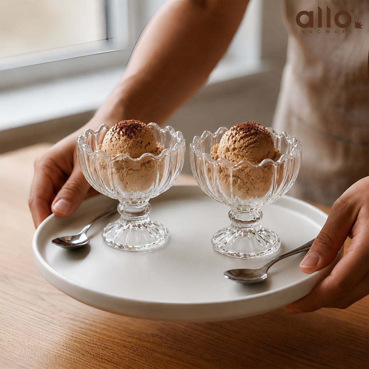 Allo Glass Ice Cream Bowl Set Of 6, 240 ml, Dessert Glasses For Icecream, Pudding, Candy, Snacks, Dates, Dry Fruit | Cups For Gifting And Serving, Gift Set Packaging | Petal Edge Dessert Bowl