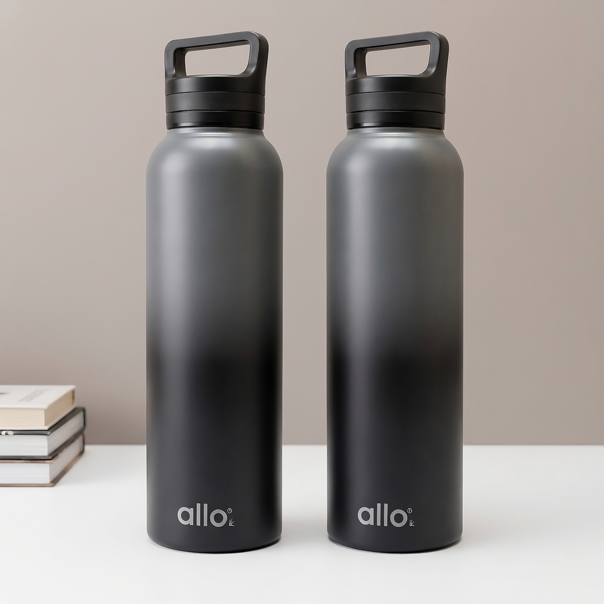 Allo Stainless Steel Water Bottle For Adults, Kids 1 Litre Water Bottles For School, Office, Sports, Gym 1L Water Bottle For Men & Women, Pack Of 2, Leak Proof, Bpa Free,Dark Grey and Black Handle Cap