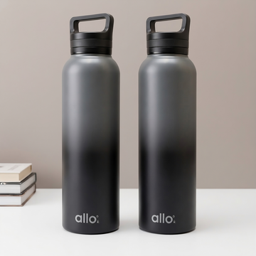 Allo Stainless Steel Water Bottle For Adults, Kids 1 Litre Water Bottles For School, Office, Sports, Gym 1L Water Bottle For Men & Women, Pack Of 2, Leak Proof, Bpa Free,Dark Grey and Black Handle Cap