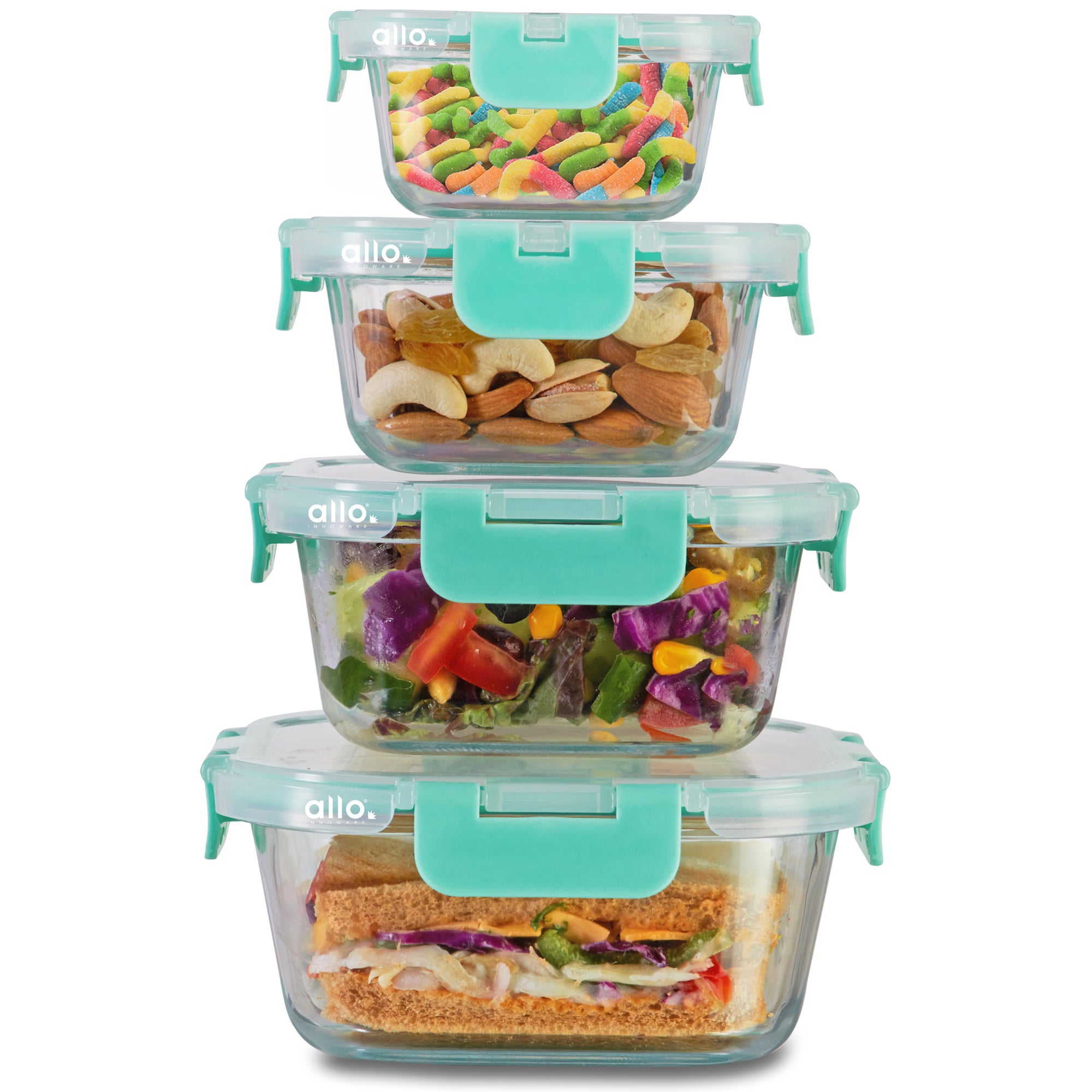 Allo Food Safe Glass Containers with Lids, Microwave Safe, Borosilicate Meal Prep Glass Food Storage Container for Kitchen,Set of 4 160ml,310ml,520ml,800ml.