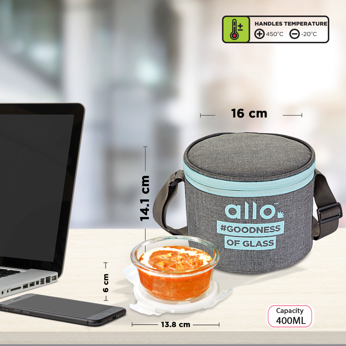Allo Food Safe Glass Lunch Box, 450°C Microwave Safe Lunch Box, Borosilicate Glass Tiffin for office with Canvas grey Tiffin Bag, Set of 2, 400ml x 2, round