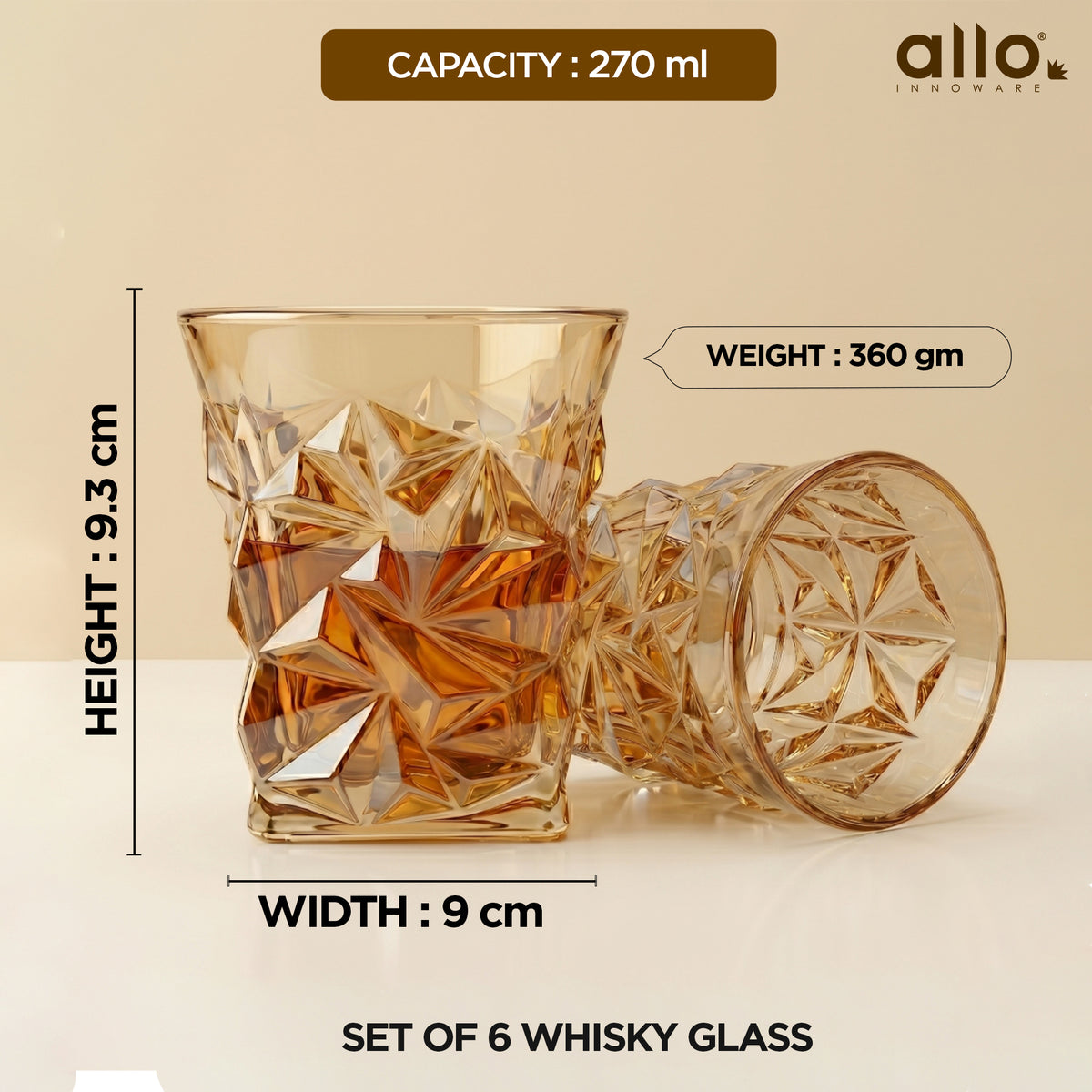 Allo Glass Set Of 6 Premium Whisky Glasses, 270 ml, For Drinking Water, Wine, Cocktail, Mocktail, Martini, Liquor, Alcohol, Scotch, Bourbon | Gift Set Packaging | Golden Star Cut Whiskey Glass