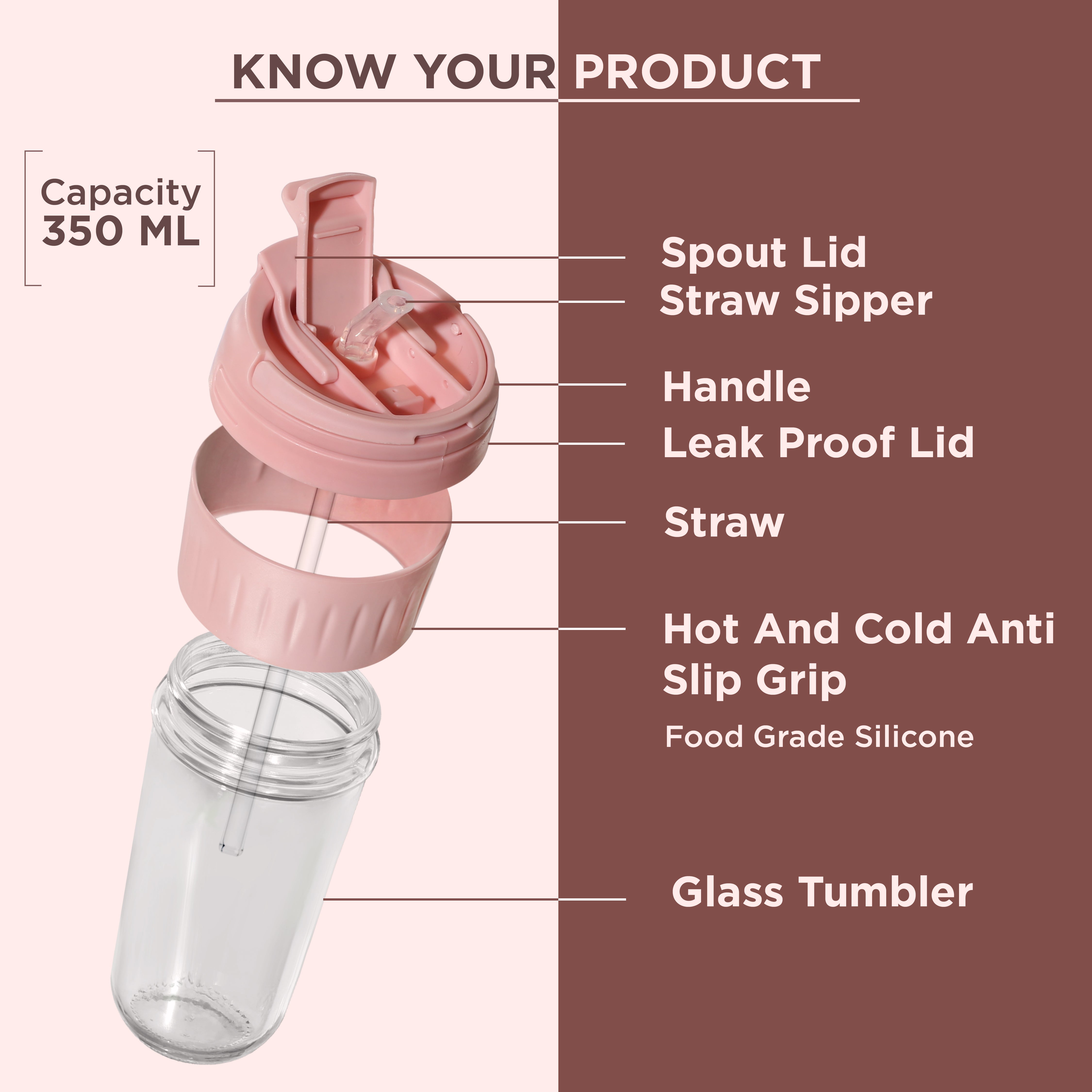 Allo Reusable Glass Mug Sipper Tumbler with Straw, Unique 2 in 1 Anti Spill Lid | Microwave Safe Leakproof Glass with Anti-Slip Grip for Hot & Cold Coffee|| Car, Office, Travel use | 350ml (Pink)