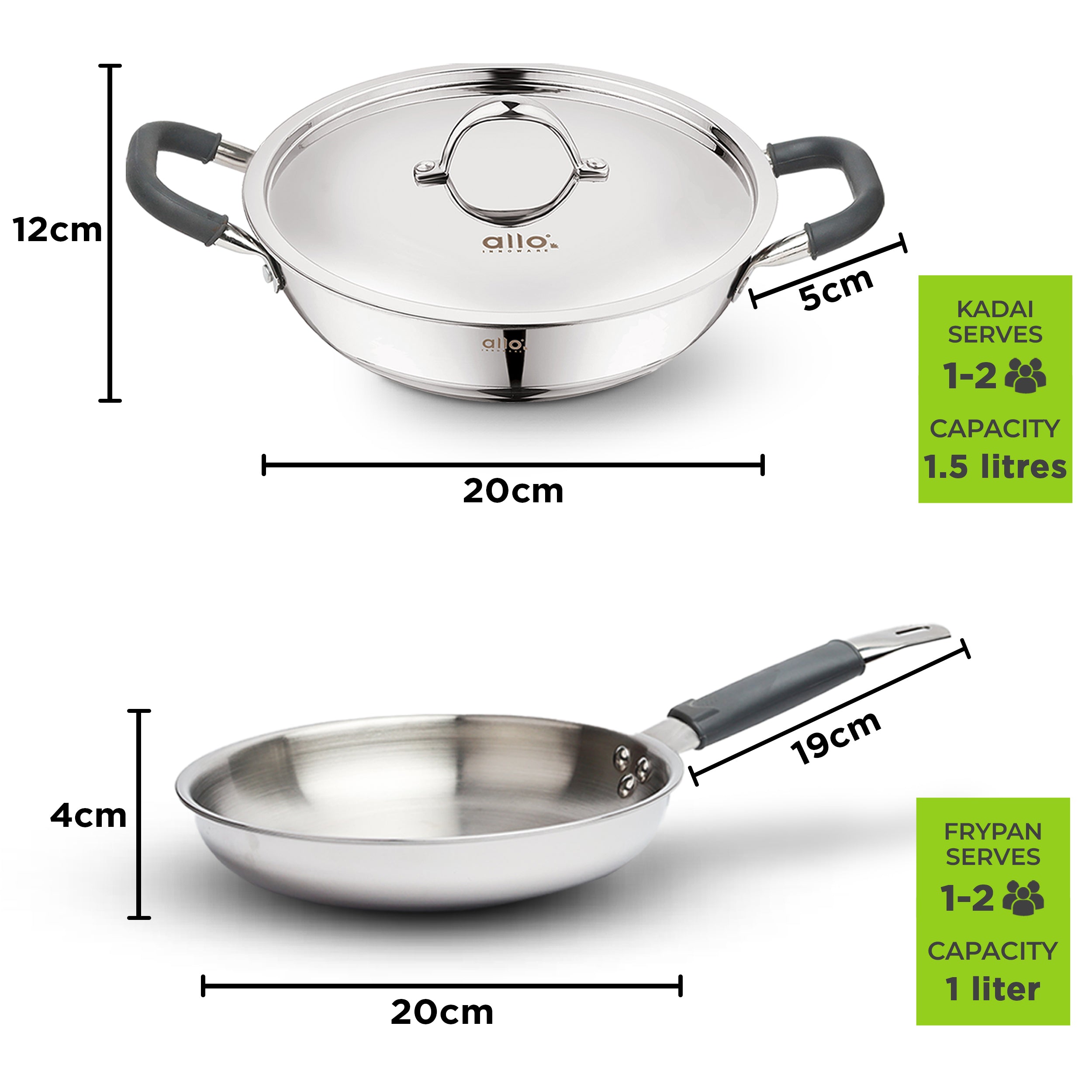 Allo Stainless Steel Triply Cookware Set | Kadai (20 Cm/1.5 L)+ Fry Pan (20 Cm/1 L)+ Saucepot (20 Cm/3.2 L)+ Saucepan (14 Cm/1 L) | Cooking Combo Stir-Deep-Fry/Induction Friendly Set of 7 | Nonstick
