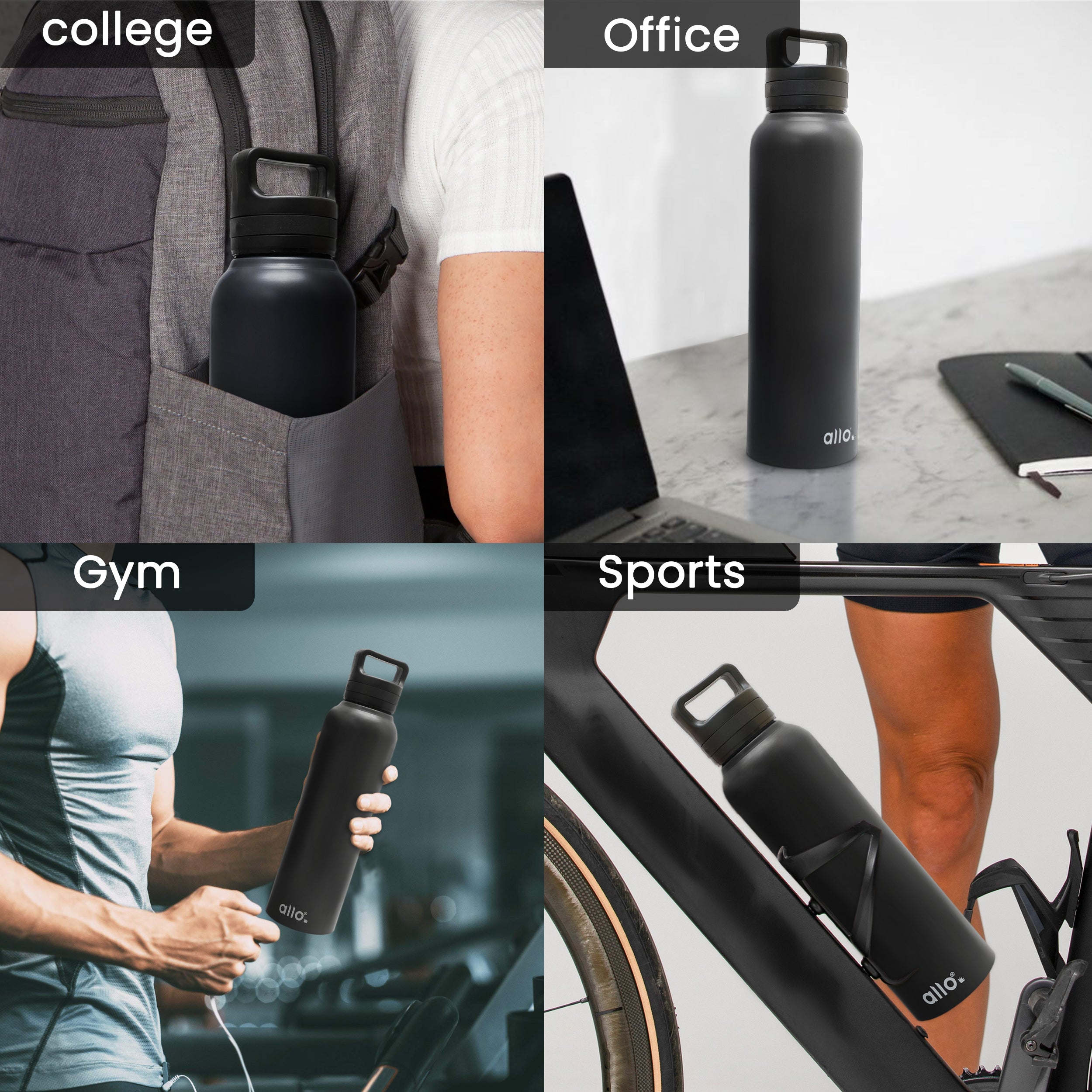 Allo Steel Water Bottles Stainless Steel Sipper Water Bottle for adults, kids 0.95 Litre Water Bottles for School, Office, Sports, Gym 950ML Water Bottle for Men and women, Black 950ml