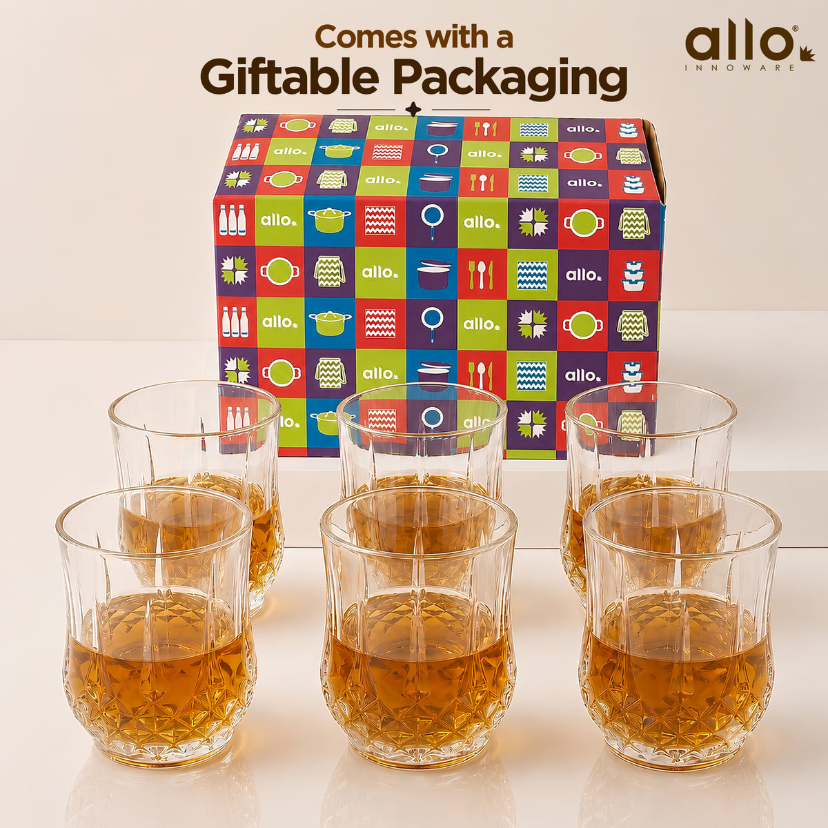 Allo Glass Set Of 6 Premium Whisky Glasses, 270 ml, For Drinking Water, Wine, Cocktail, Mocktail, Martini, Liquor, Alcohol, Scotch, Bourbon | Gift Set Packaging | Transparent Quilted Diamond Cut Glass