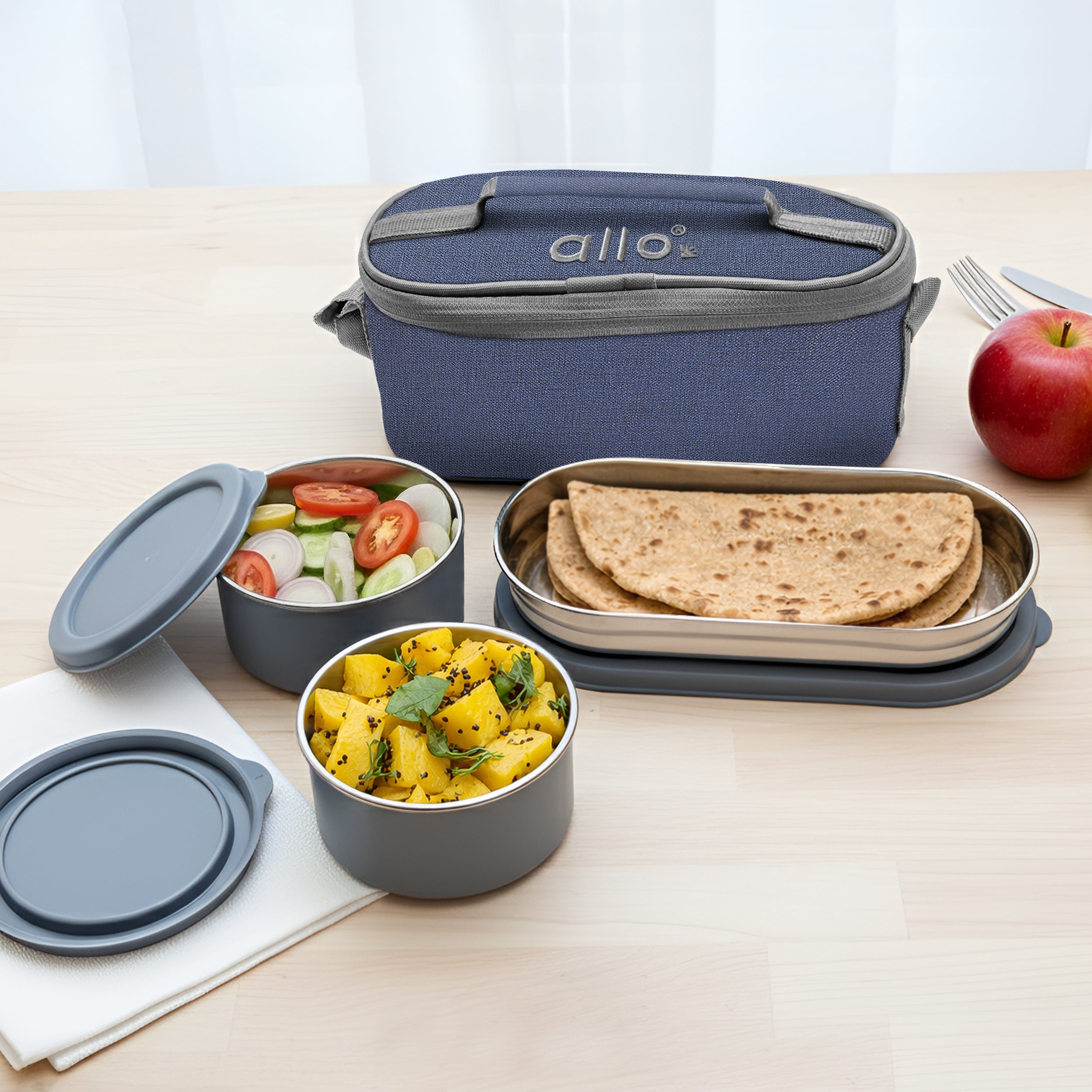 Allo Microwave Safe Steel Lunch Box for Office with Bag for Men and Women, Air Tight & Leak Proof Stainless Steel Tiffin for Office, School, College, Set of 3 with Bag