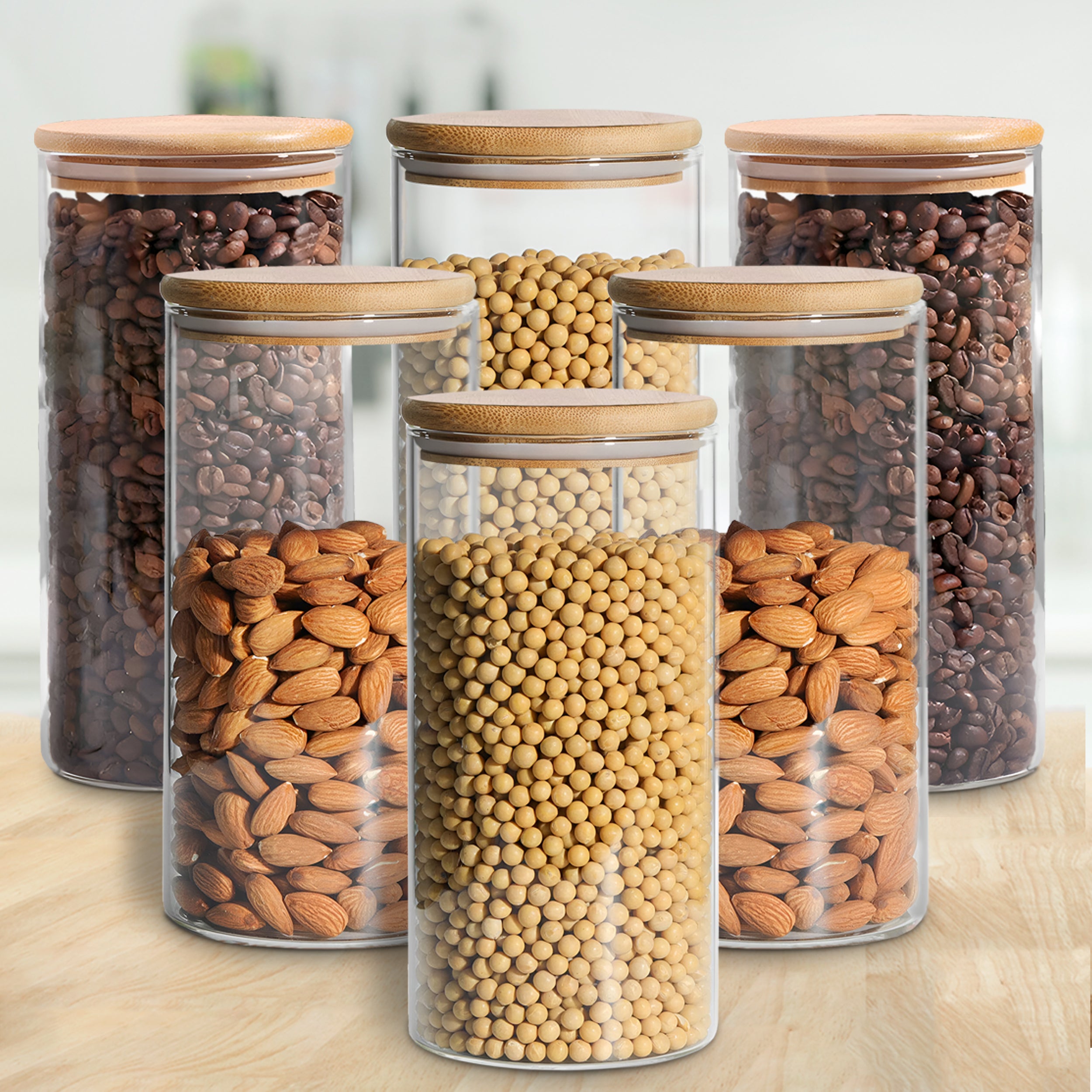 Allo 1000ML Kitchen Storage Box Glass Jars With Wooden Lids - Borosilicate Glass Food Storage Containers Airtight Glass Jar for Tea, Coffee, Spice, Pulses, Masala (Round Glass Jar - Set of 6)
