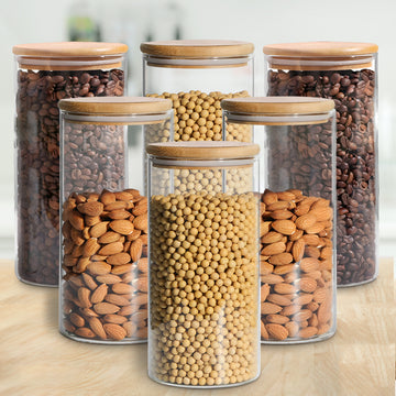 Allo 1000ML Kitchen Storage Box Glass Jars With Wooden Lids - Borosilicate Glass Food Storage Containers Airtight Glass Jar for Tea, Coffee, Spice, Pulses, Masala (Round Glass Jar - Set of 6)