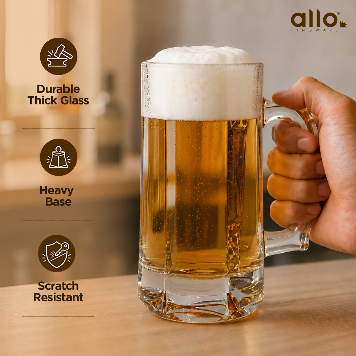 Allo Beer Mug And Drinking Glass Mugs, Set Of 2, 390 ml Each, Serves Beer, Juice, Mocktail, Alcohol, Cocktail, Drinking Glass With Handle, Fluted Glass | Gift Set Packaging | Transparent Crystal Cut