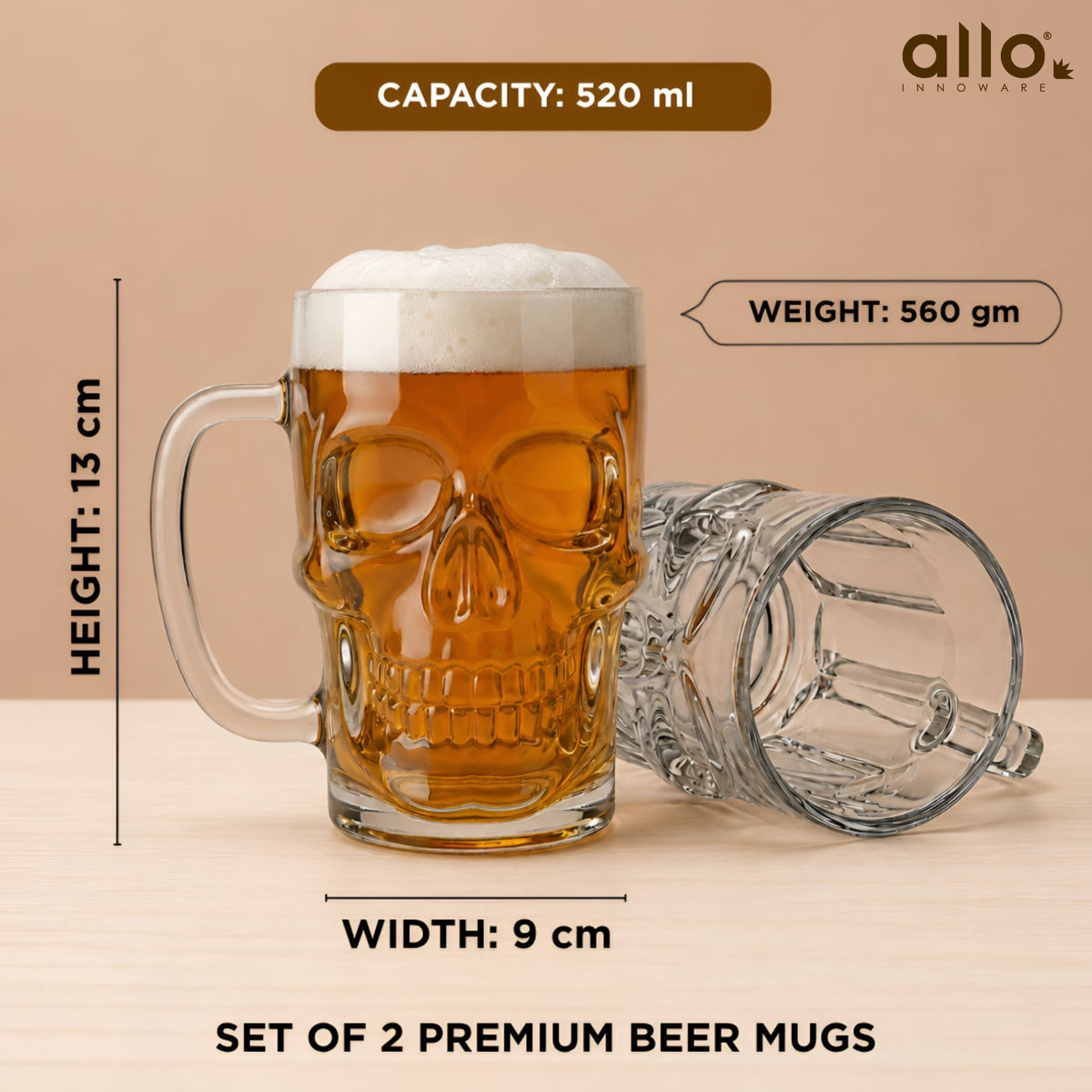 Allo Beer Mug And Drinking Glass Mugs, Set Of 2, 520 ml Each, Serves Beer, Juice, Mocktail, Alcohol, Cocktail, Drinking Glass With Handle, Fluted Glass | Gift Set Packaging | Transparent Skull Face