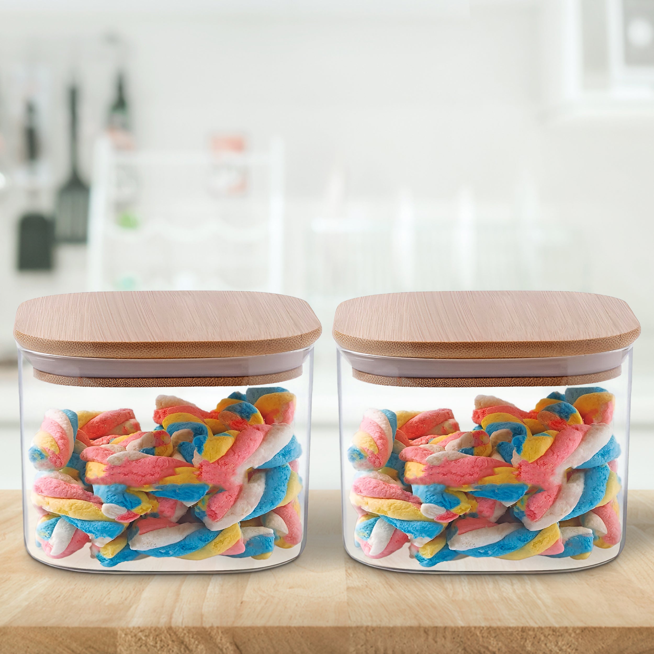 Allo 300ML Kitchen Storage Box Glass Jars With Wooden Lids - Borosilicate Glass Food Storage Containers Airtight Glass Jar For Tea, Coffee, Spice, Pulses, Masala (Square Glass Jar - Set of 2)
