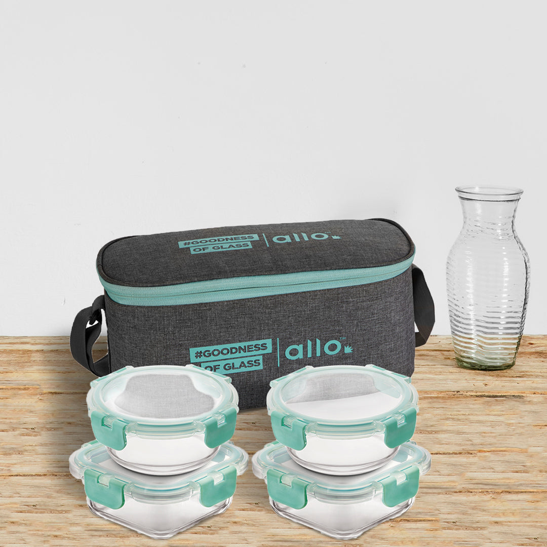 Allo Food Safe Glass Lunch Box with Breakfree Detachable Lock, Microwave Safe Lunch Box Borosilicate Glass Tiffin for Office with Canvas Grey Tiffin Bag, Set of 4, 215ml x 2, 310ml x 2
