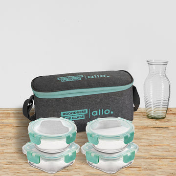 Allo Food Safe Glass Lunch Box with Breakfree Detachable Lock, Microwave Safe Lunch Box Borosilicate Glass Tiffin for Office with Canvas Grey Tiffin Bag, Set of 4, 215ml x 2, 310ml x 2
