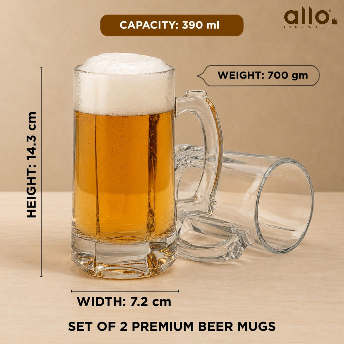 Allo Beer Mug And Drinking Glass Mugs, Set Of 2, 390 ml Each, Serves Beer, Juice, Mocktail, Alcohol, Cocktail, Drinking Glass With Handle, Fluted Glass | Gift Set Packaging | Transparent Crystal Cut