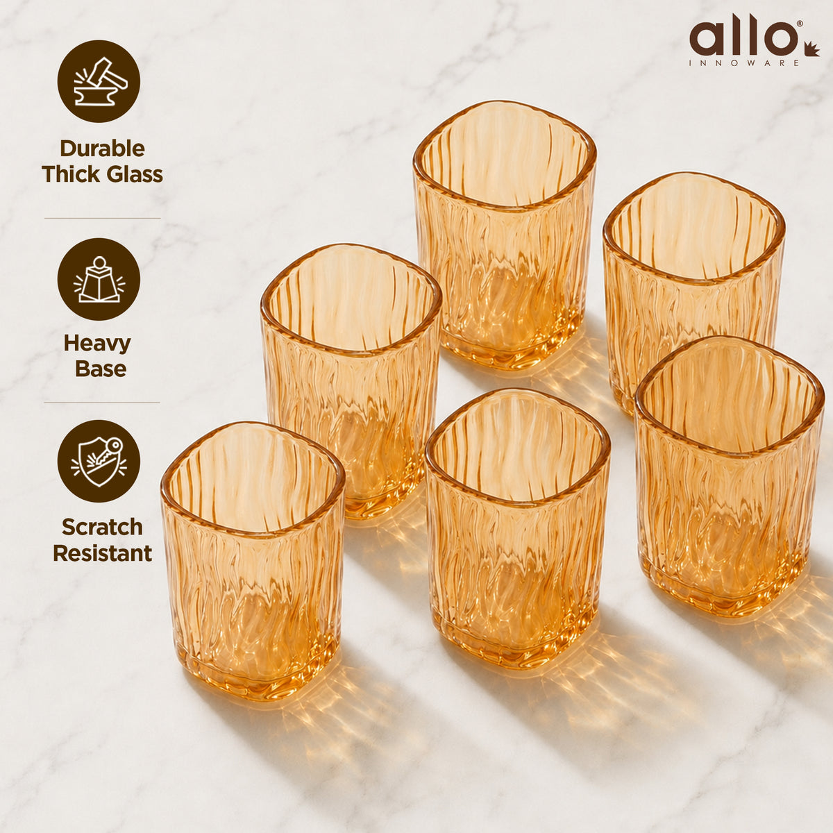 Allo Premium Glass Set Of 6, 200 ml, Latest Design Glasses For Water, Juice, Whisky, Cold Drink | Perfect For Home, Restaurants & Parties, Gift Set Packaging | Golden Wave Glass